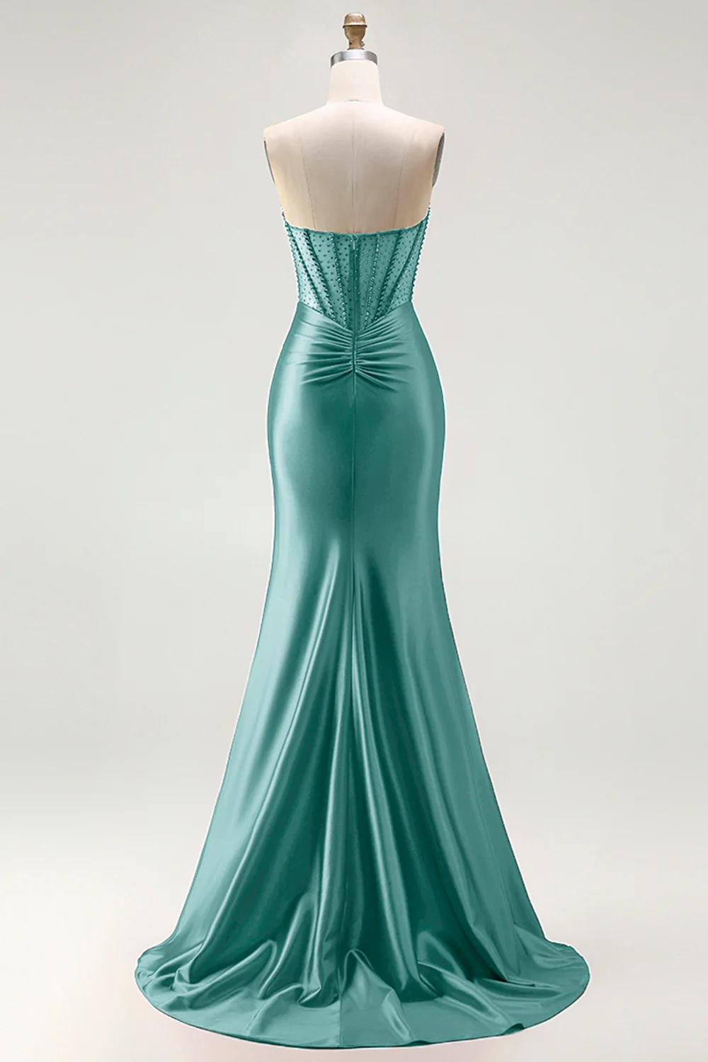 Red Strapless Mermaid Corset Beaded Ruched Satin Long Prom Dress with Slit - Image 31