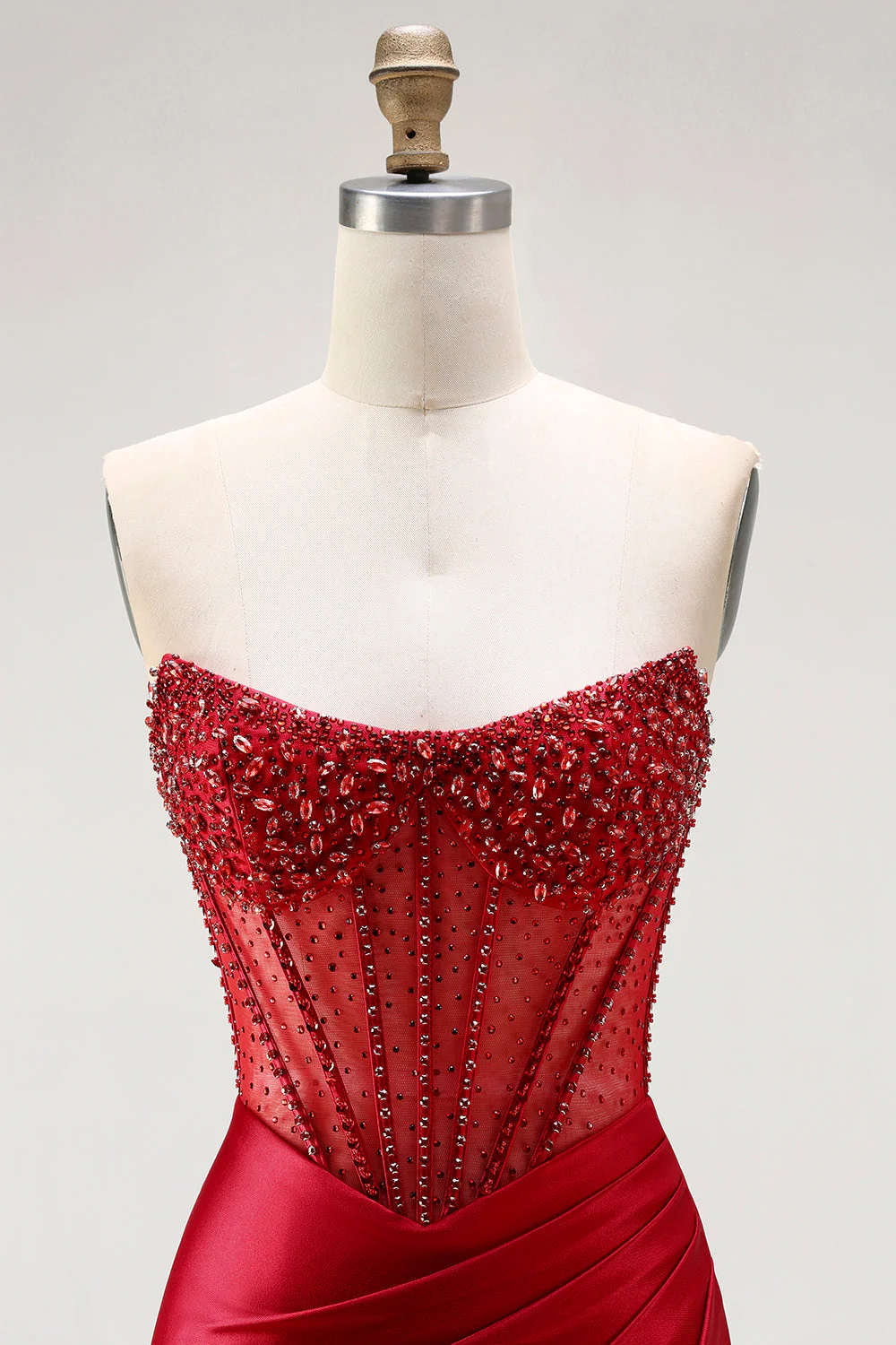 Red Strapless Mermaid Corset Beaded Ruched Satin Long Prom Dress with Slit - Image 4