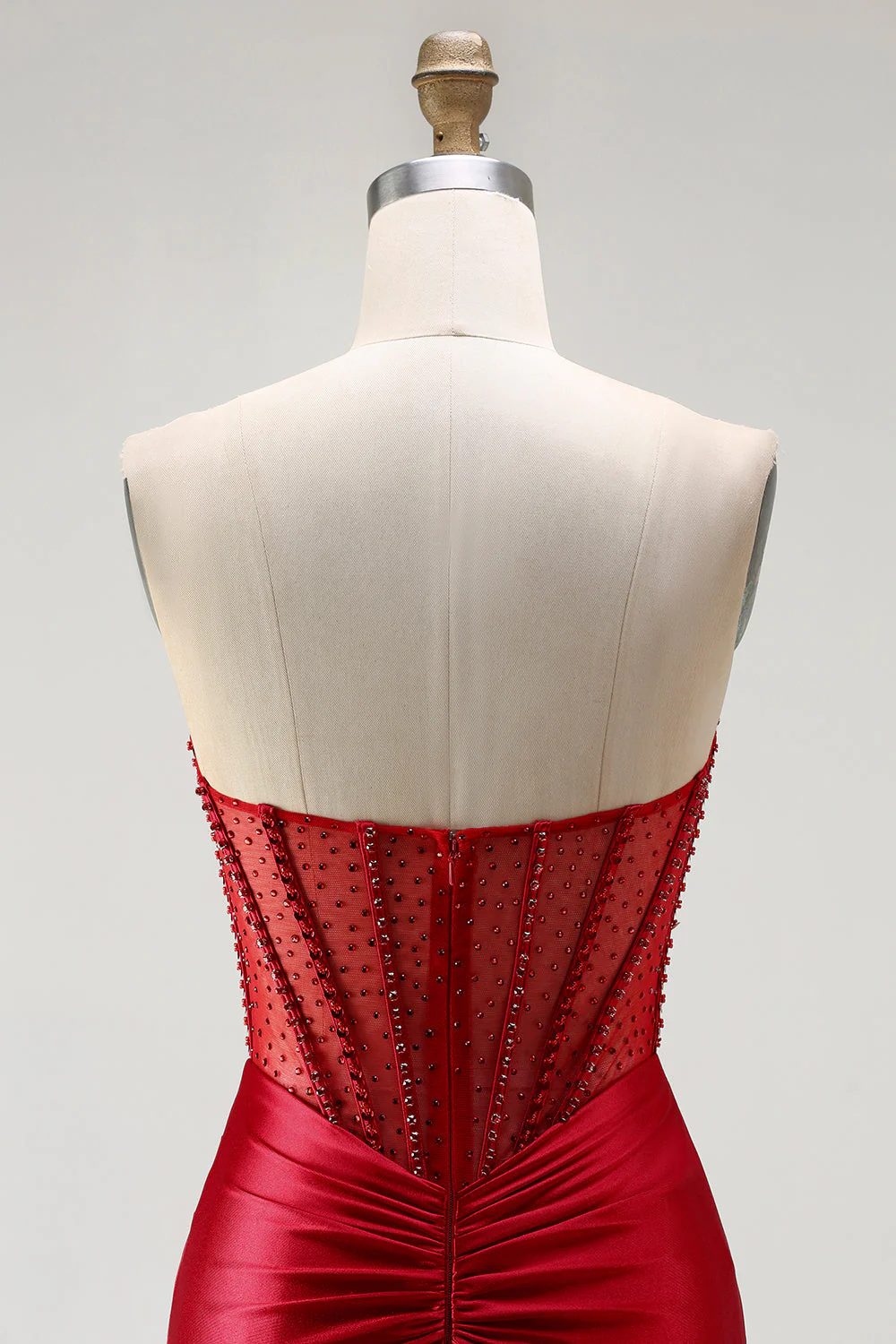 Red Strapless Mermaid Corset Beaded Ruched Satin Long Prom Dress with Slit - Image 5