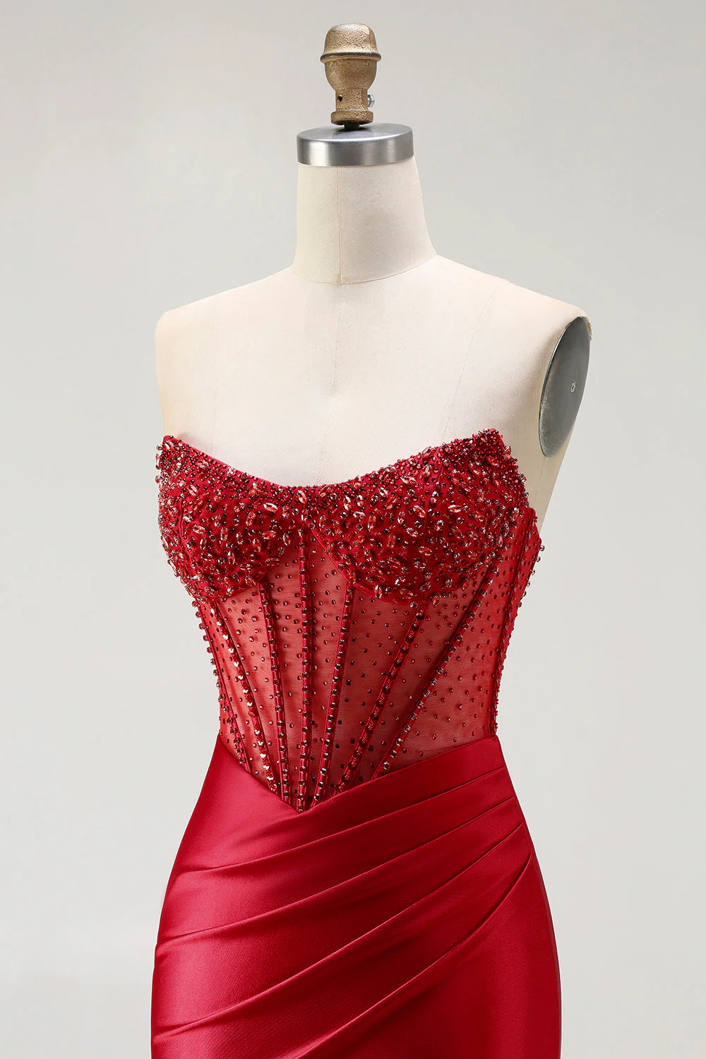 Red Strapless Mermaid Corset Beaded Ruched Satin Long Prom Dress with Slit - Image 6