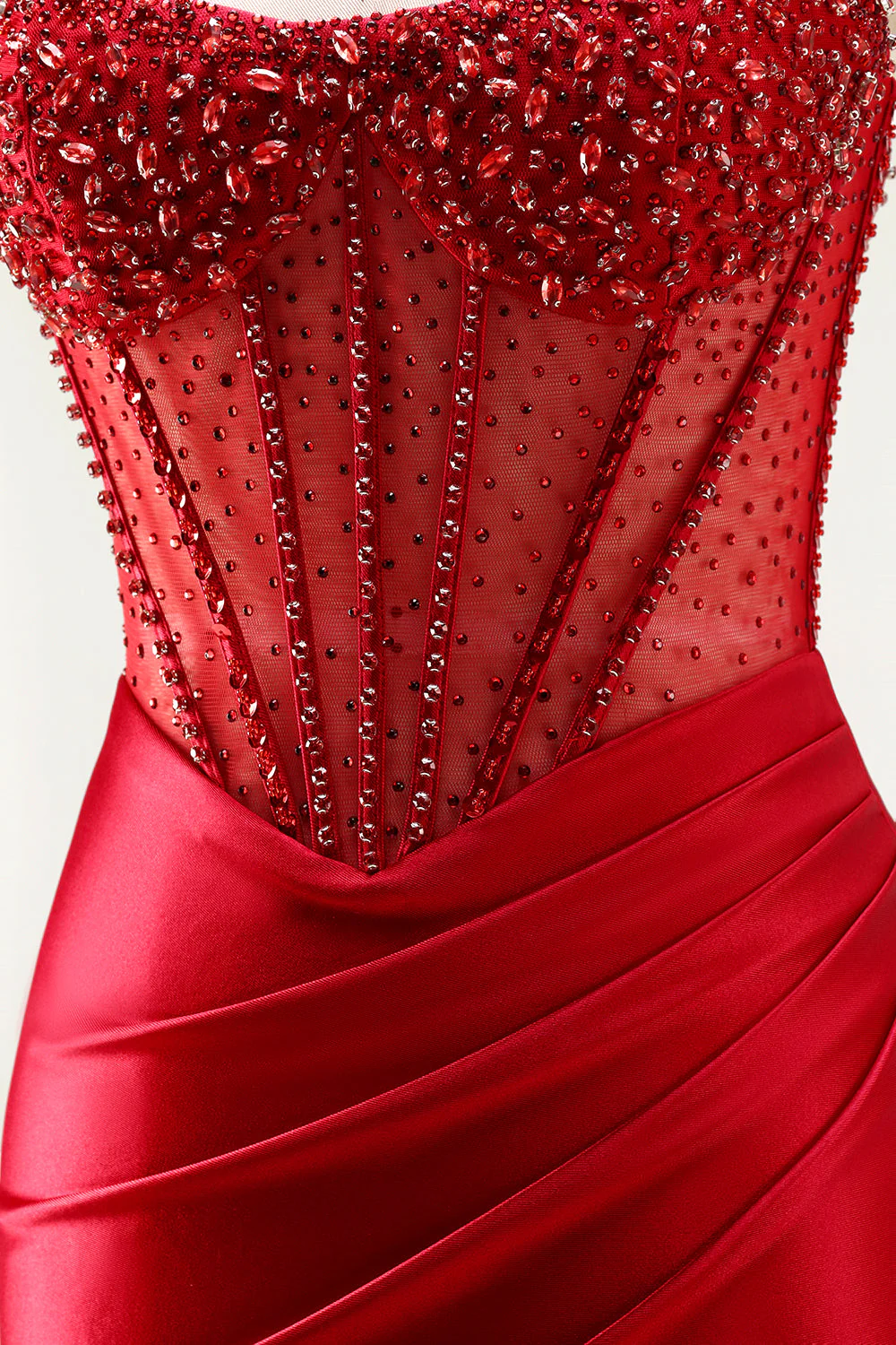 Red Strapless Mermaid Corset Beaded Ruched Satin Long Prom Dress with Slit - Image 7