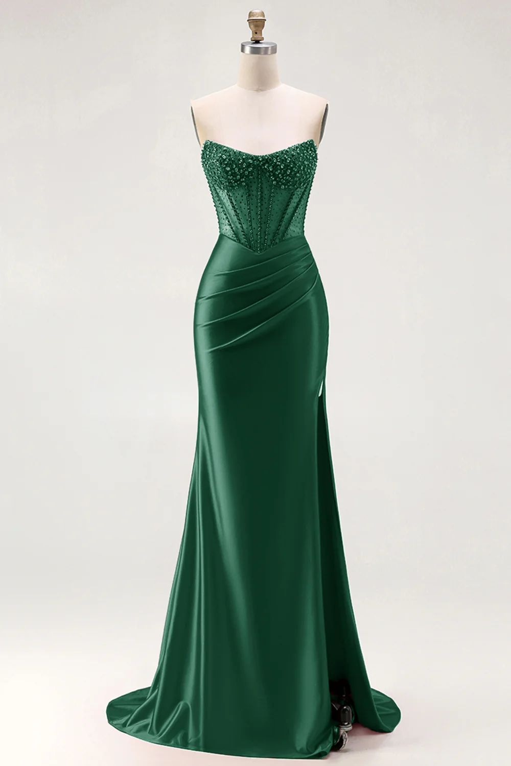 Red Strapless Mermaid Corset Beaded Ruched Satin Long Prom Dress with Slit - Image 8