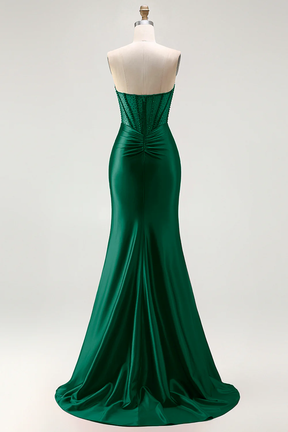 Red Strapless Mermaid Corset Beaded Ruched Satin Long Prom Dress with Slit - Image 9