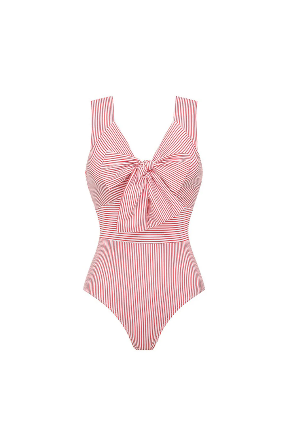 Red Striped Bowknot 2 Piece Swimwear Set with Beach Dress - Image 2
