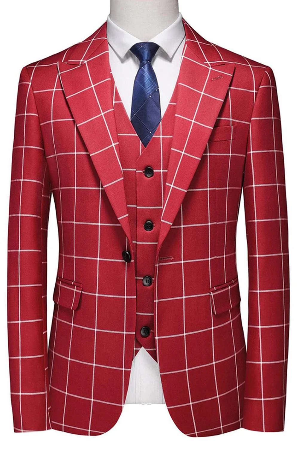 Red Striped Peaked lapel 3 Pieces Men's Prom Suits - Image 2