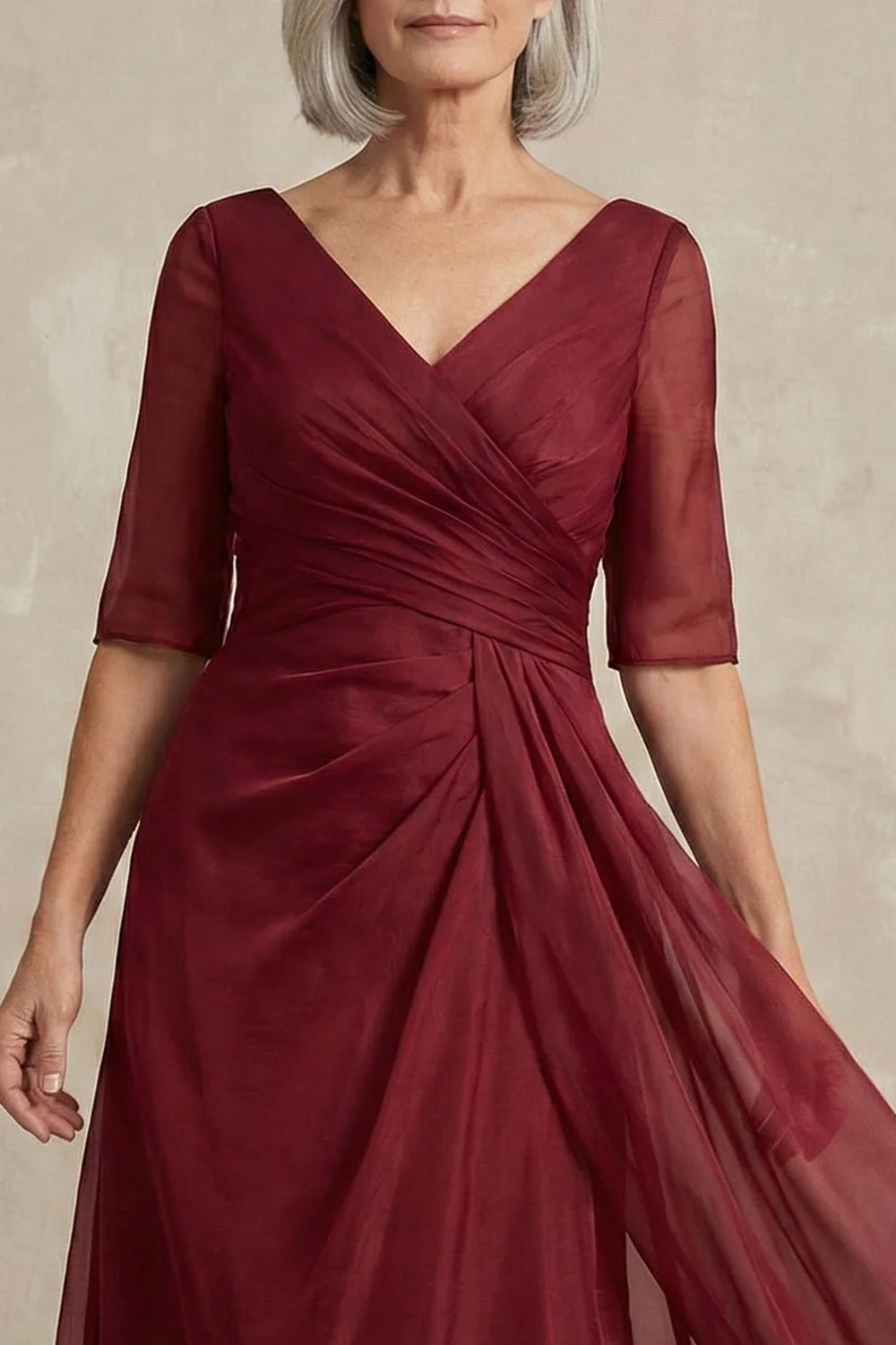 Red V-Neck A Line Half Sleeves Mother of the Bride Dress - Image 3