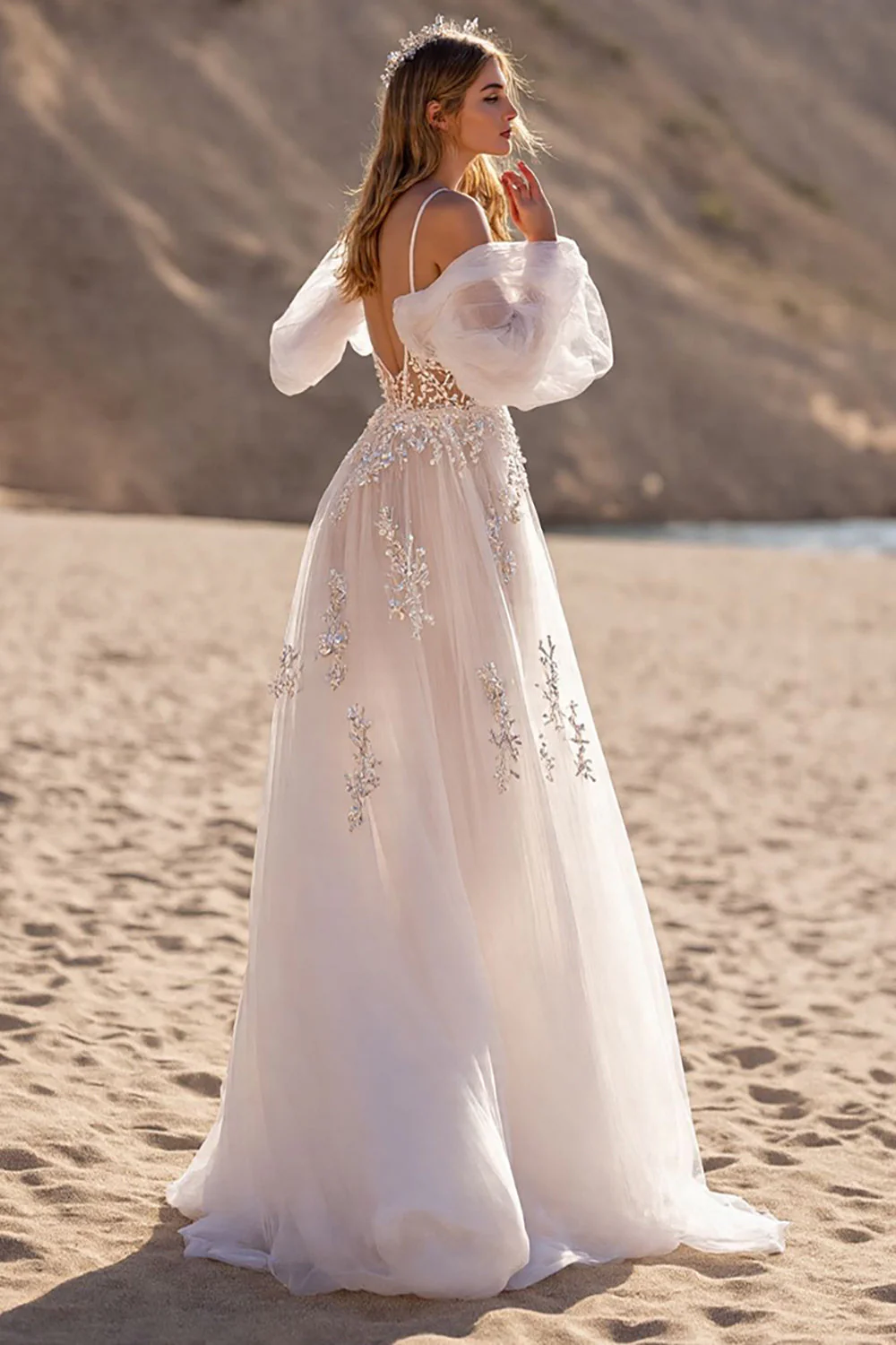 Removable Sleeve Ivory A Line Appliqued Long Wedding Dress - Image 2
