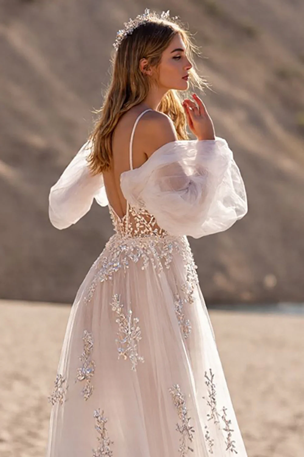 Removable Sleeve Ivory A Line Appliqued Long Wedding Dress - Image 4