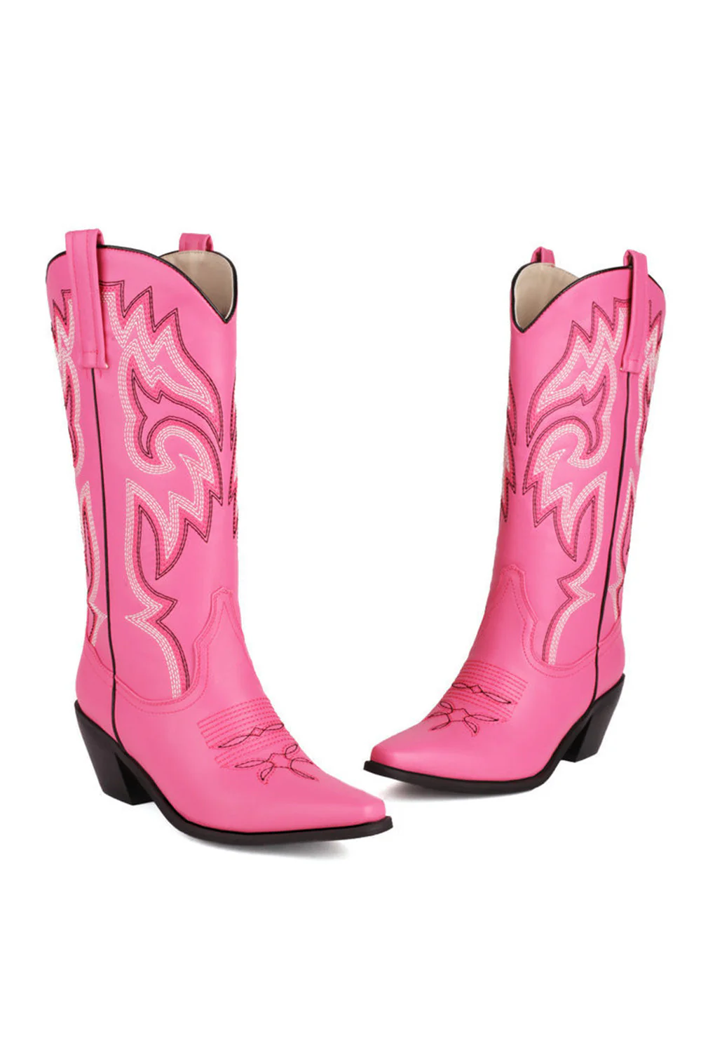 Retro Black Pointed Toe Chunky Heel Mid Calf Cowgirl Boots - Image 10