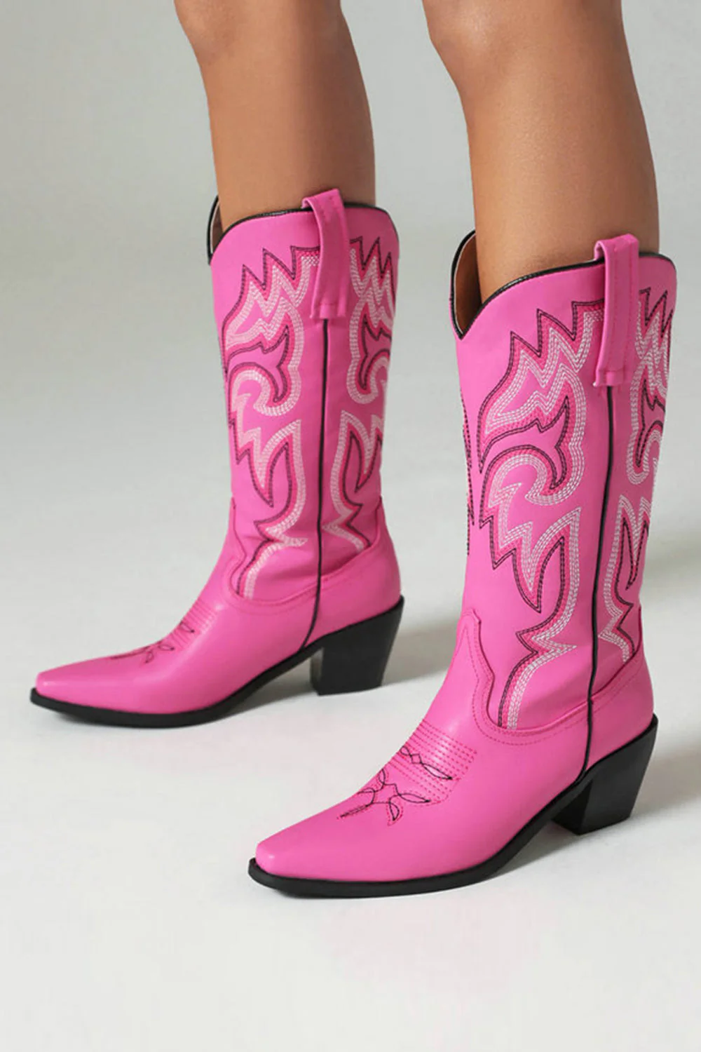 Retro Black Pointed Toe Chunky Heel Mid Calf Cowgirl Boots - Image 11