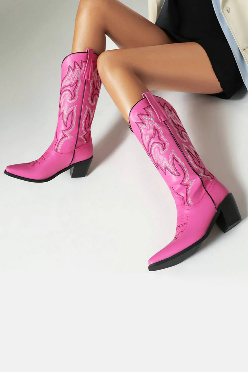 Retro Black Pointed Toe Chunky Heel Mid Calf Cowgirl Boots - Image 12