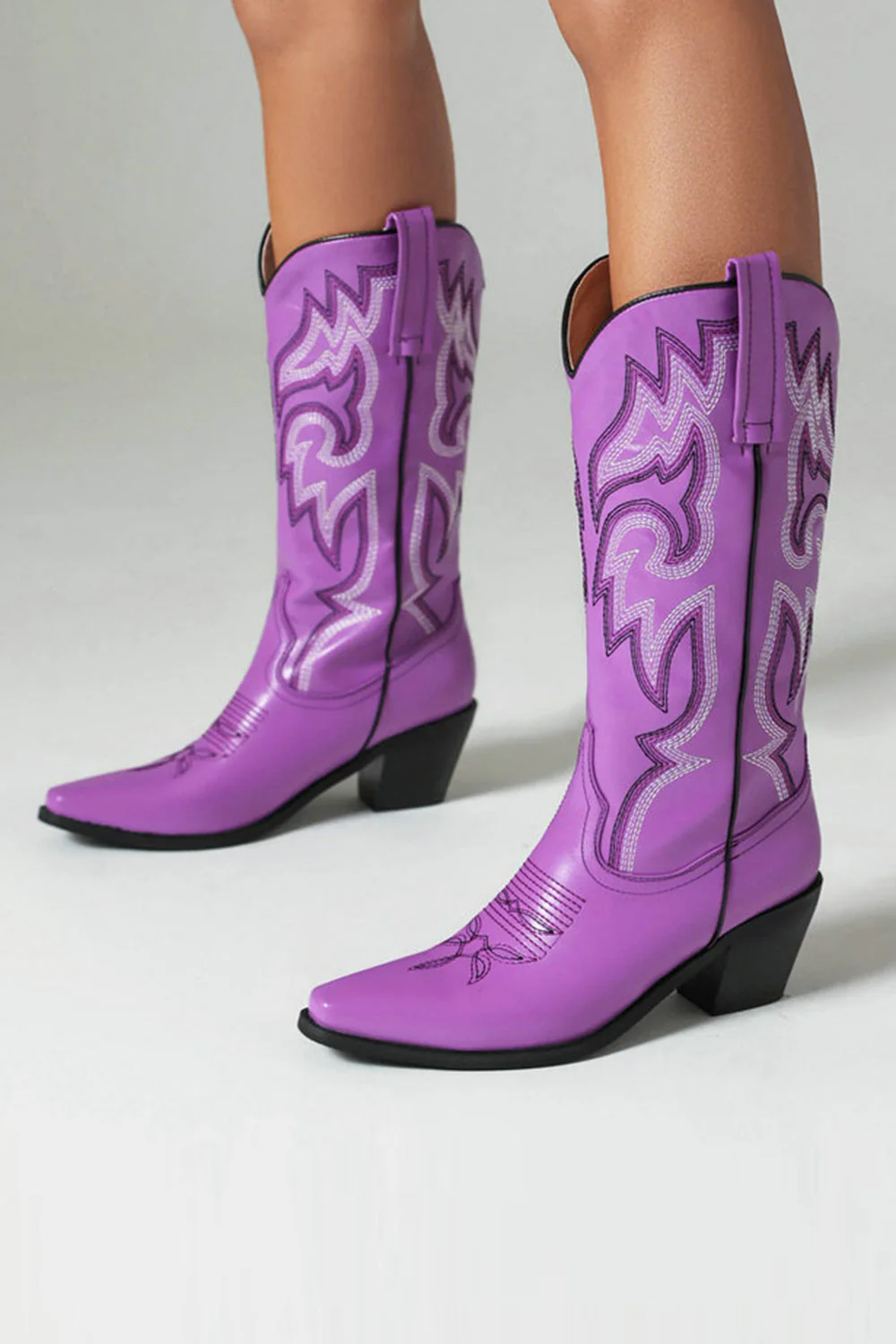 Retro Black Pointed Toe Chunky Heel Mid Calf Cowgirl Boots - Image 15