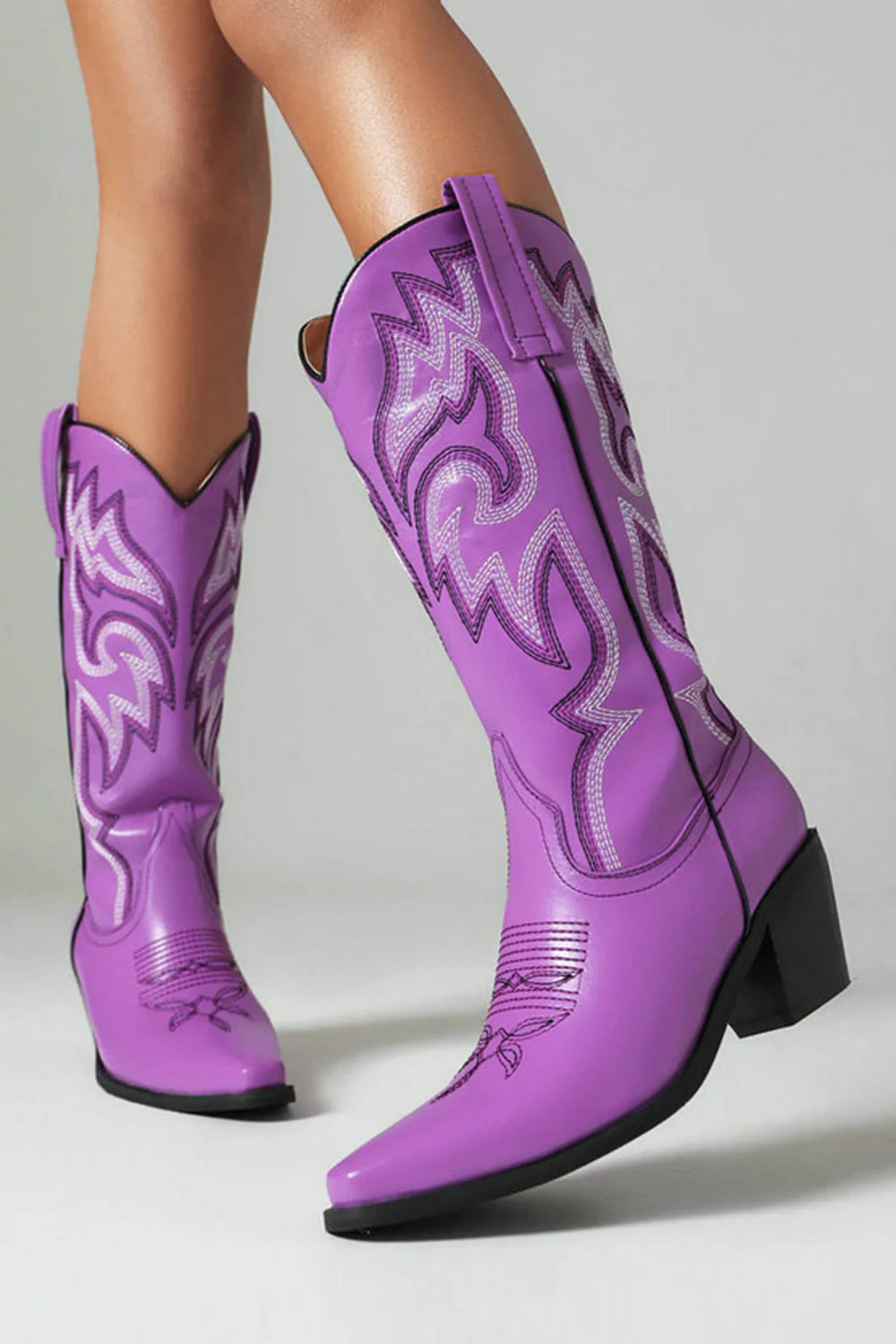 Retro Black Pointed Toe Chunky Heel Mid Calf Cowgirl Boots - Image 16