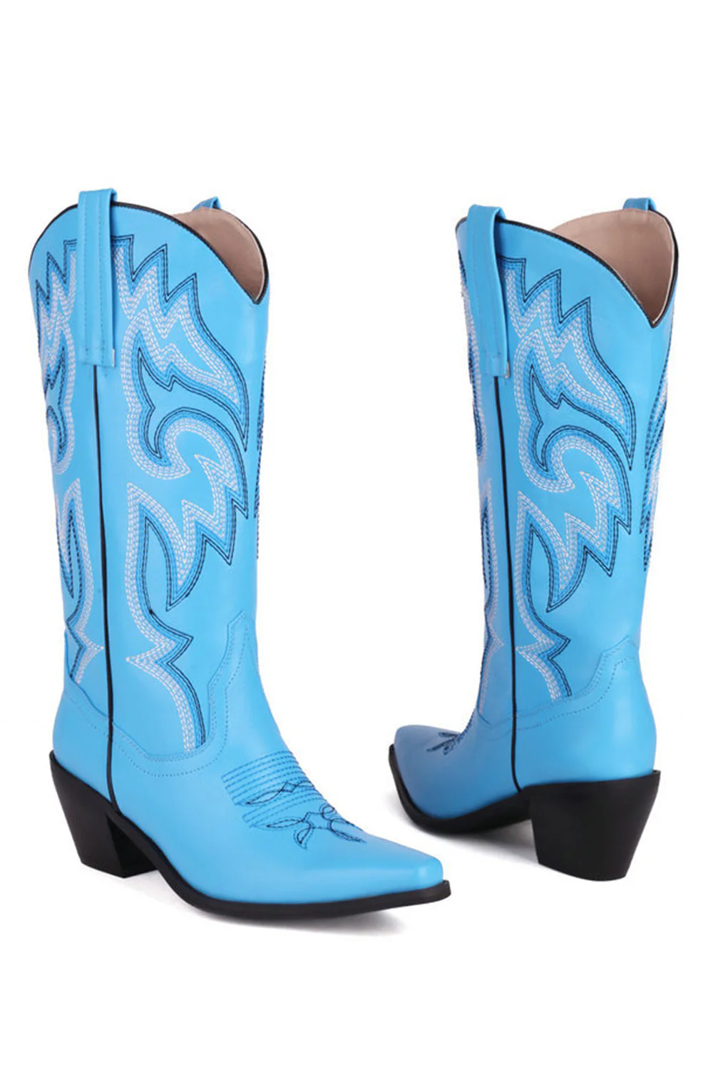 Retro Black Pointed Toe Chunky Heel Mid Calf Cowgirl Boots - Image 18