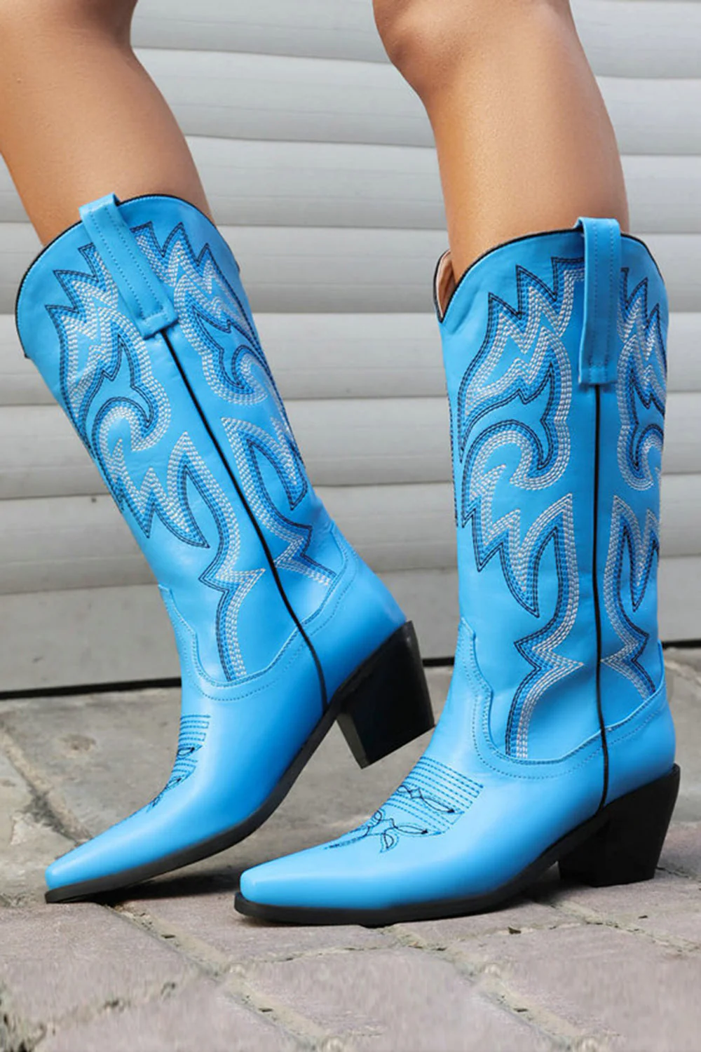 Retro Black Pointed Toe Chunky Heel Mid Calf Cowgirl Boots - Image 19