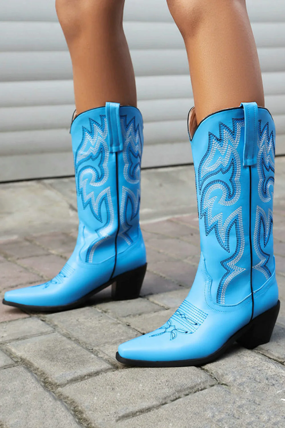 Retro Black Pointed Toe Chunky Heel Mid Calf Cowgirl Boots - Image 21