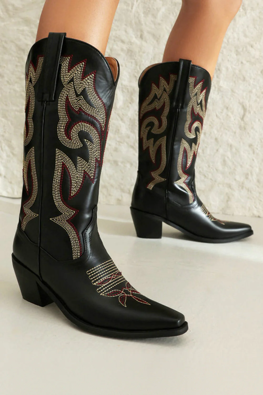 Retro Black Pointed Toe Chunky Heel Mid Calf Cowgirl Boots - Image 4