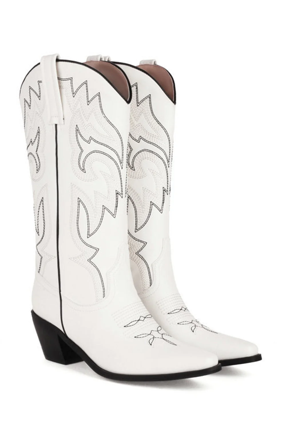 Retro Black Pointed Toe Chunky Heel Mid Calf Cowgirl Boots - Image 5