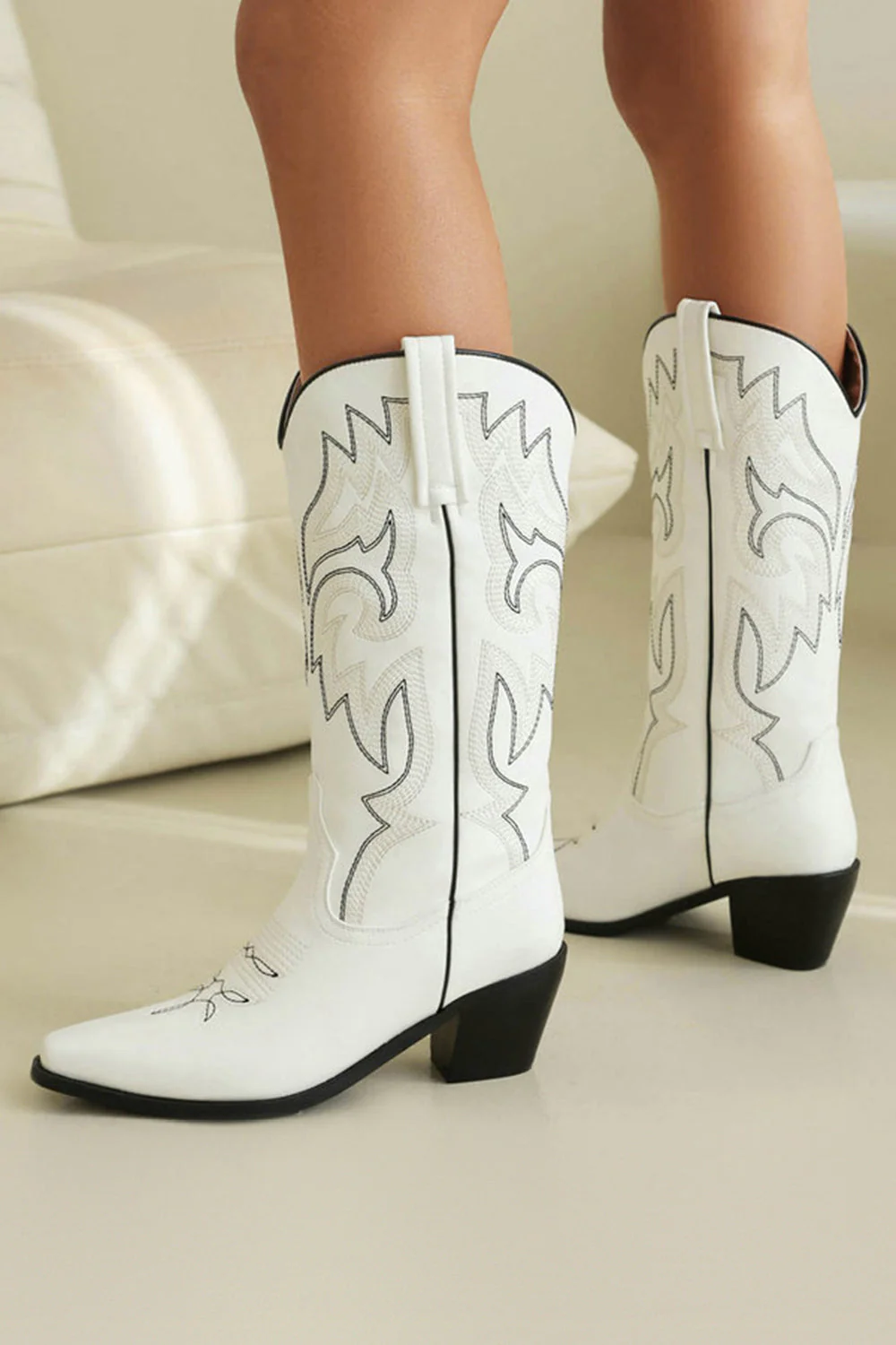 Retro Black Pointed Toe Chunky Heel Mid Calf Cowgirl Boots - Image 6
