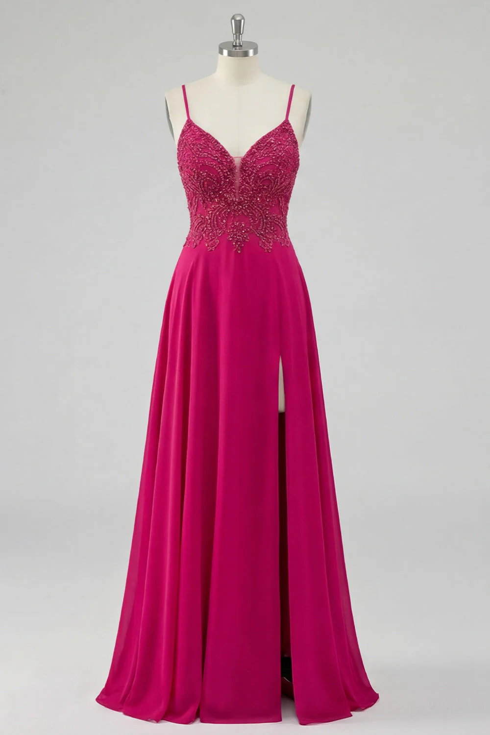 Rose A Line Spaghetti Straps Lace Up Back Long Prom Dress with Slit - Image 5