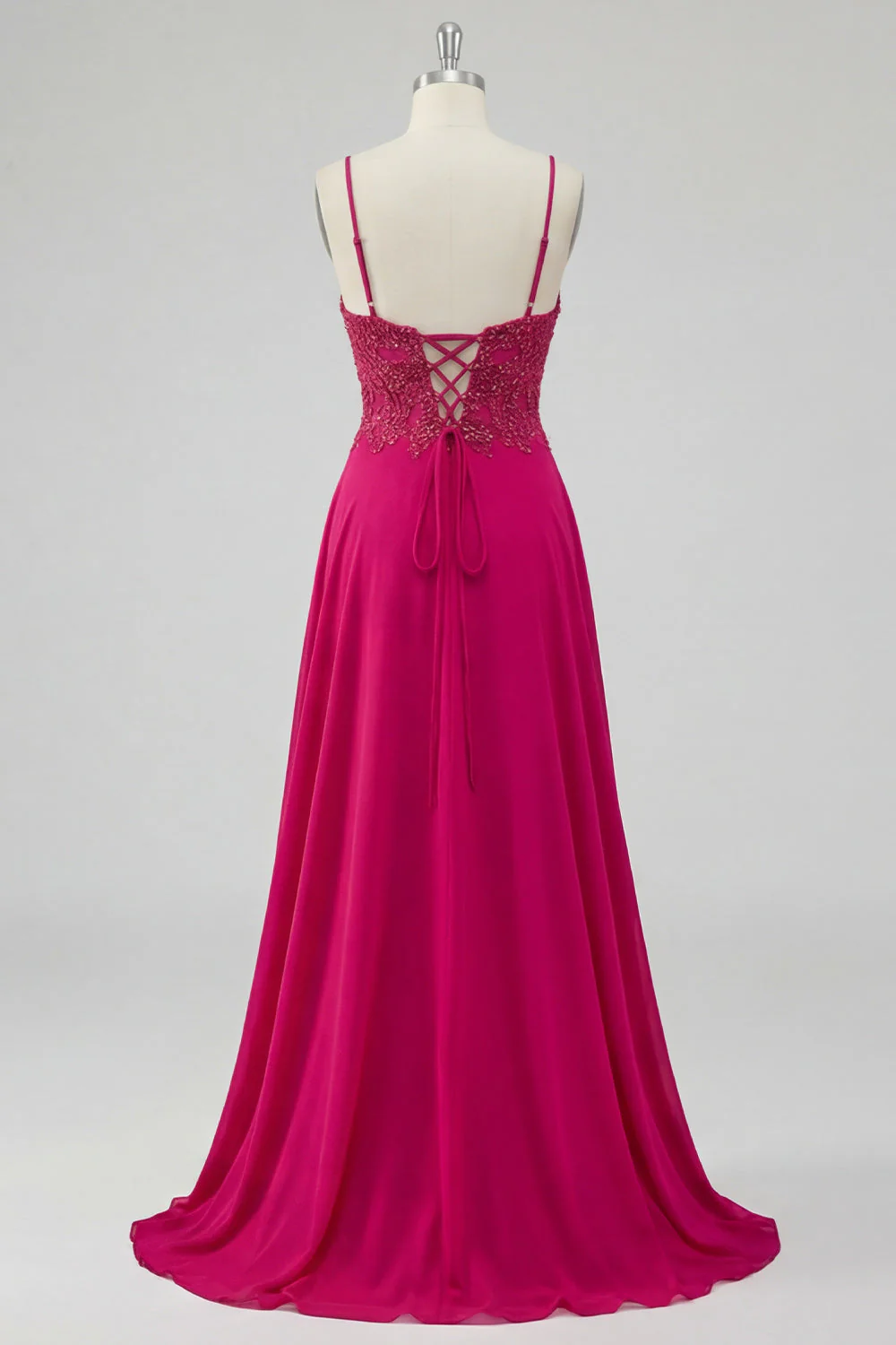 Rose A Line Spaghetti Straps Lace Up Back Long Prom Dress with Slit - Image 6