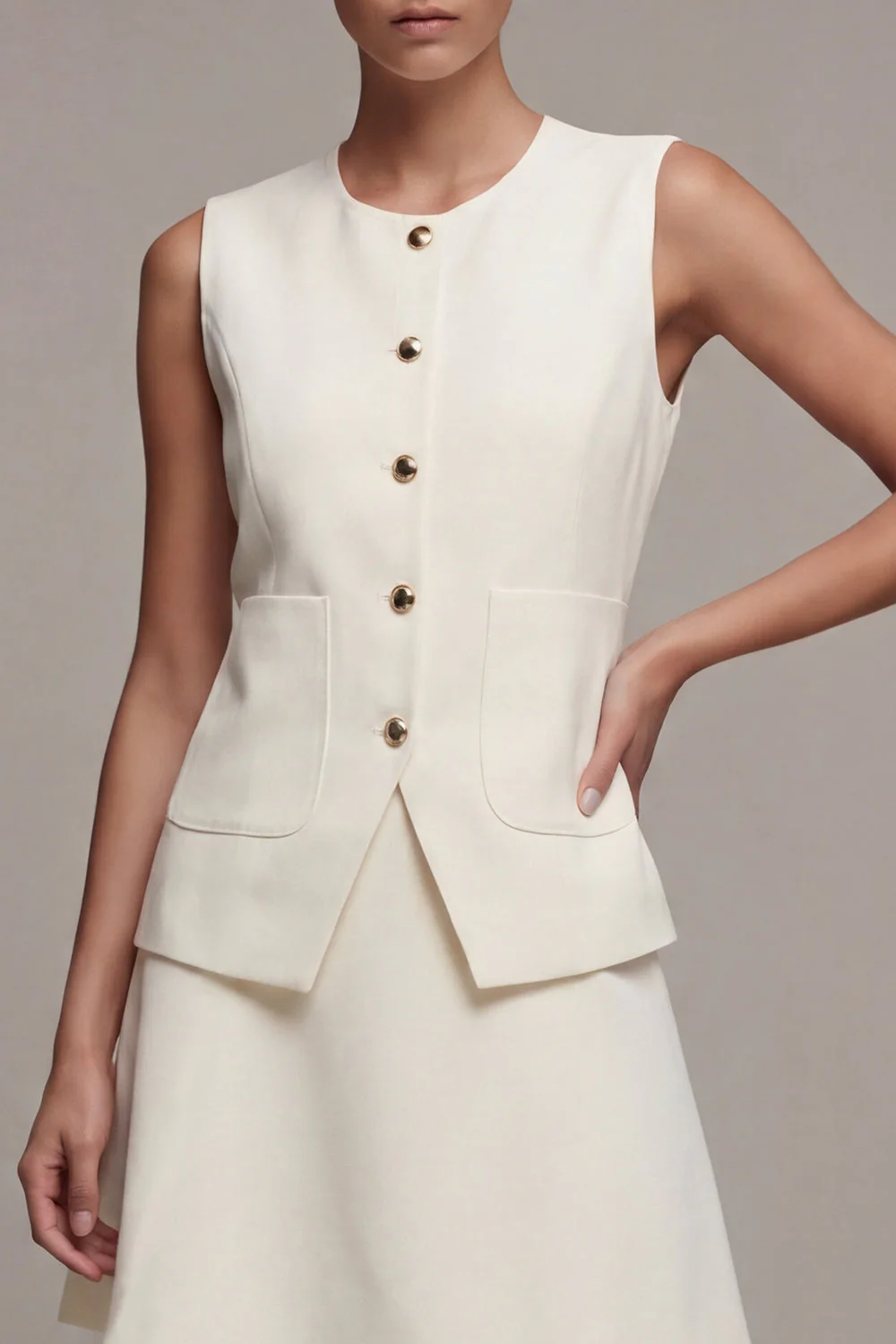Ivory 2 Piece Round Neck Single Breasted Business Dress - Image 3