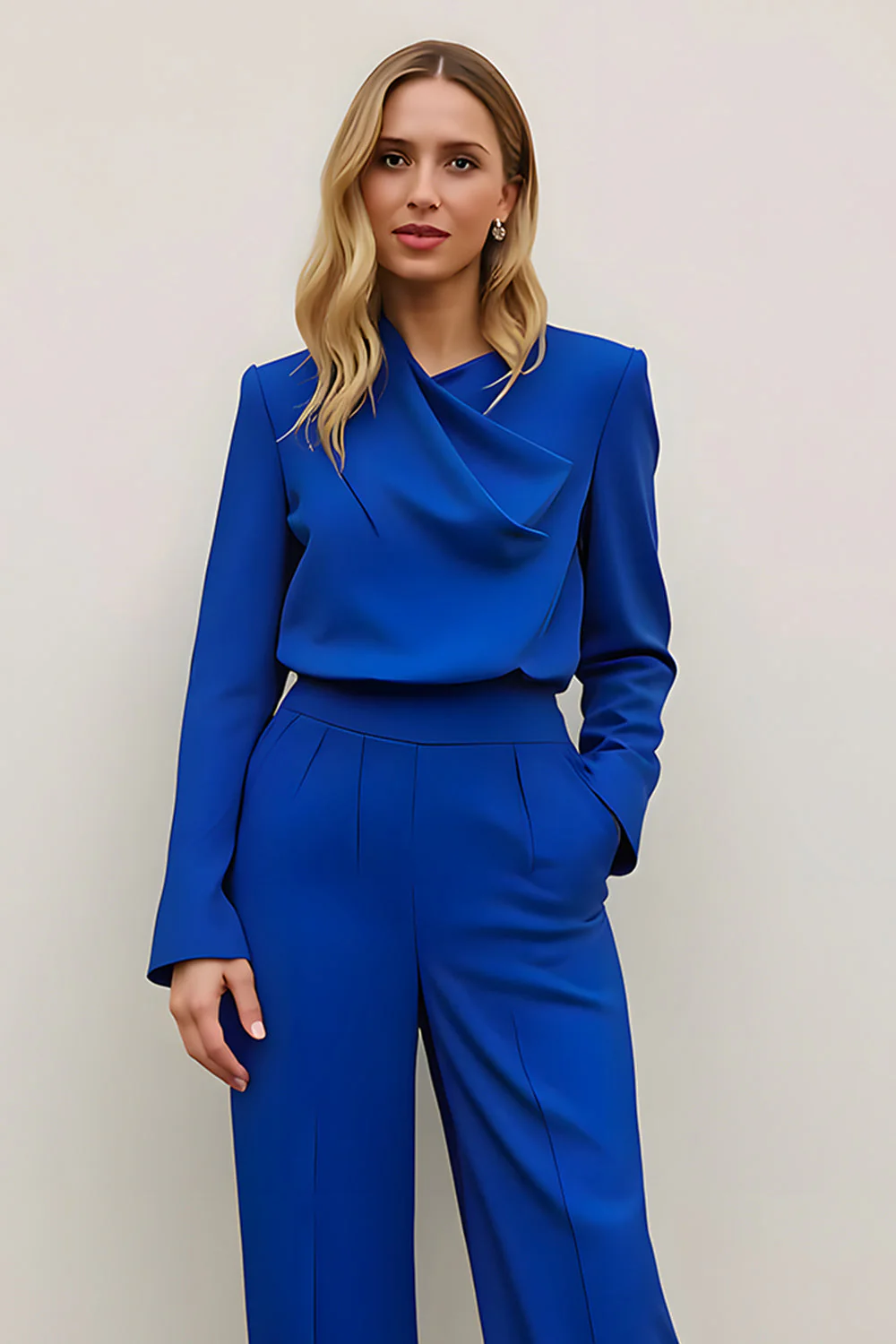 Royal Blue 2 Piece Satin Work Suits with Pockets - Image 3