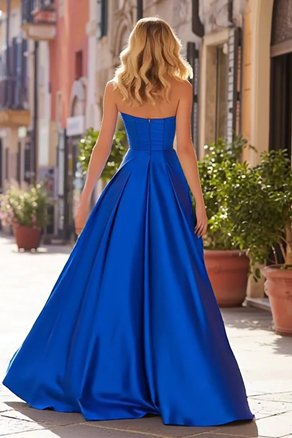 Royal Blue A-Line Pleated Sweetheart Satin Long Evening Dress with Slit - Image 2