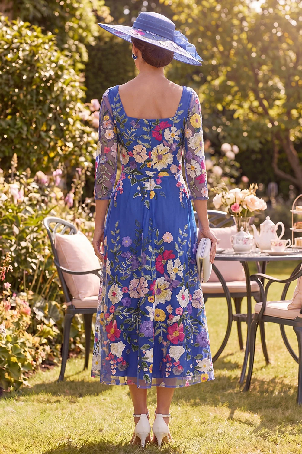 Royal Blue A-Line Floral Midi Mother of the Bride Dress with 3/4 Sleeves - Image 2