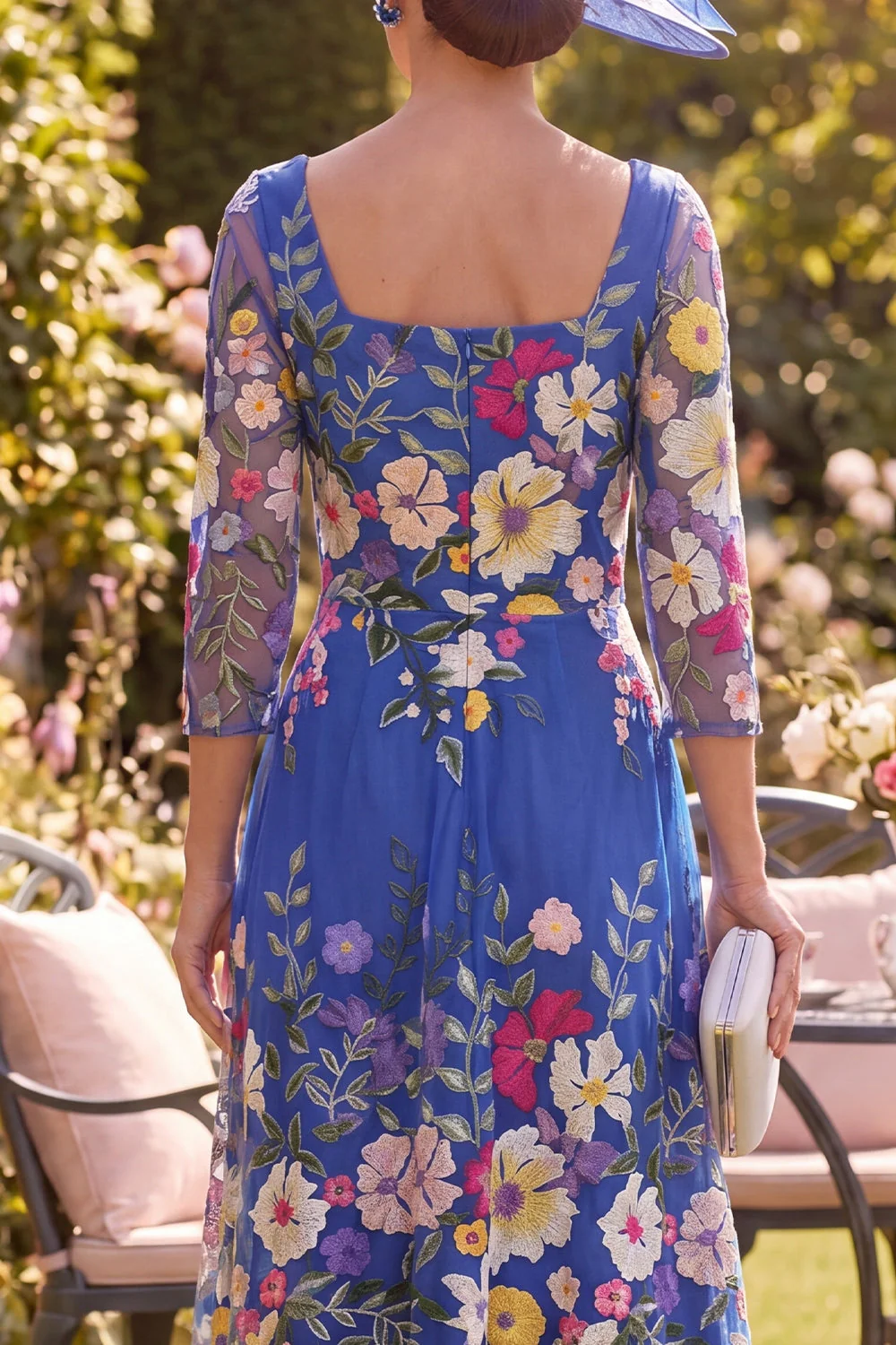 Royal Blue A-Line Floral Midi Mother of the Bride Dress with 3/4 Sleeves - Image 4