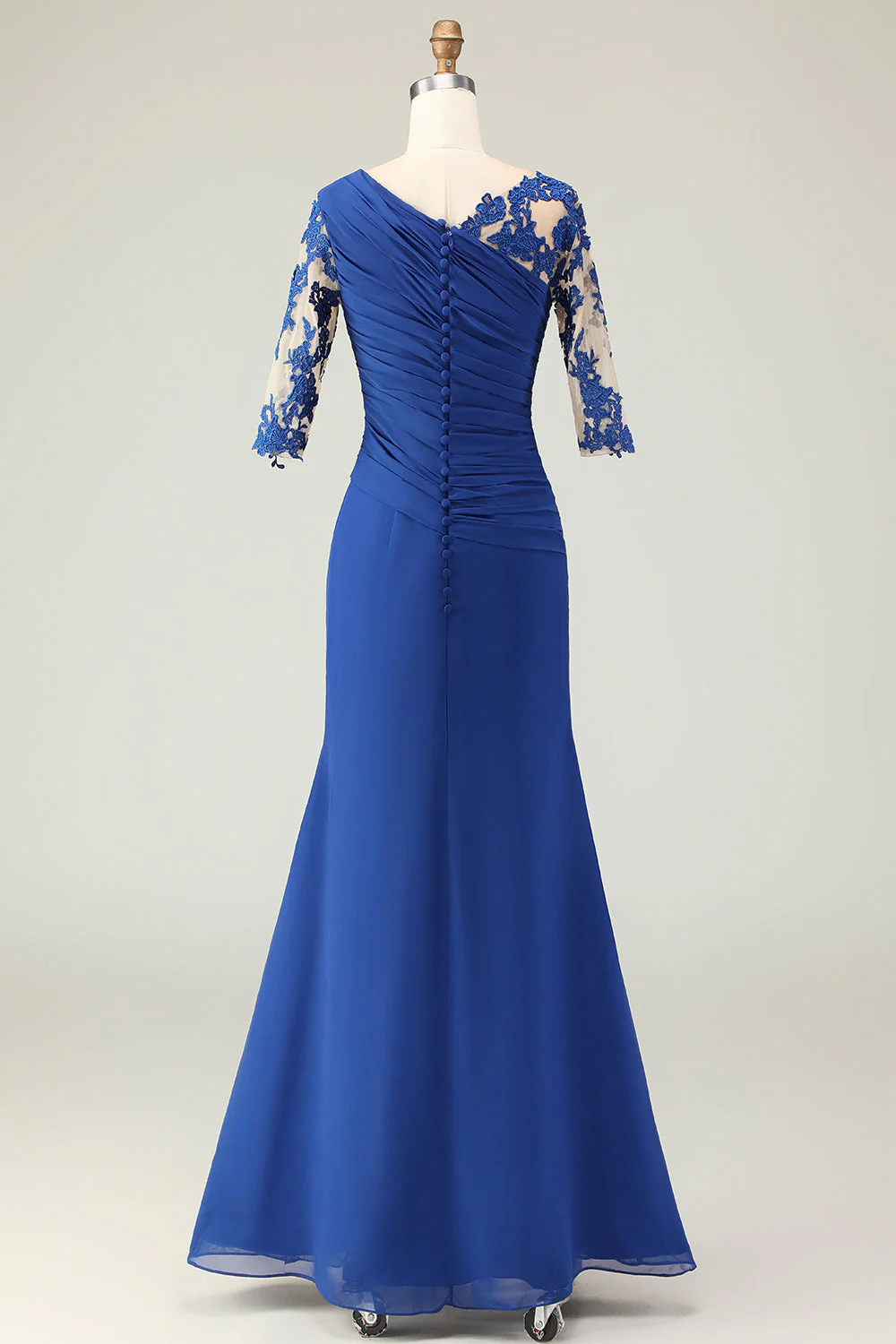 Royal Blue Mermaid Appliqued Ruched Mother of the Bride Dress with Sleeves - Image 2