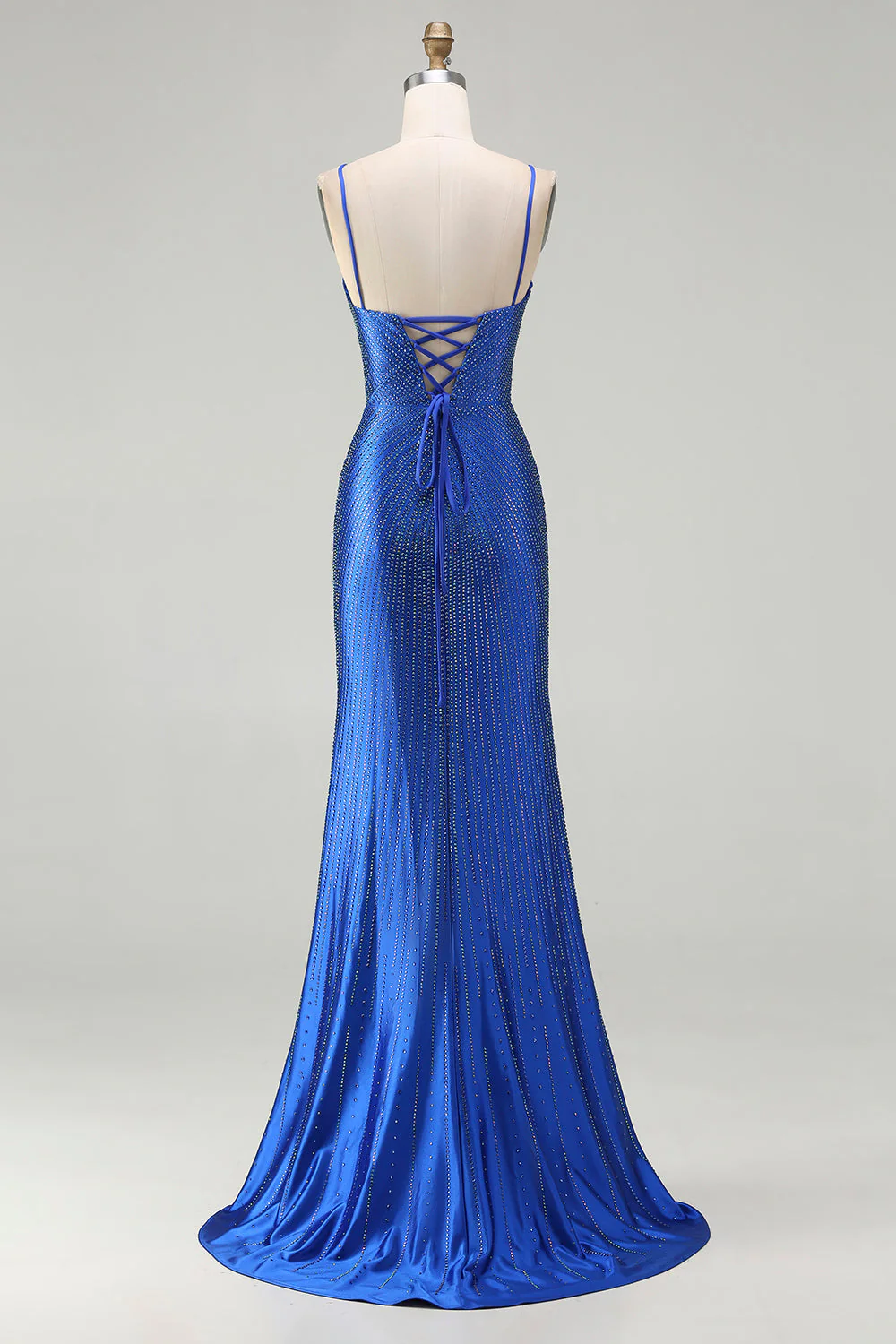 Royal Blue Mermaid Beaded Satin Long Prom Dress with Slit - Image 2