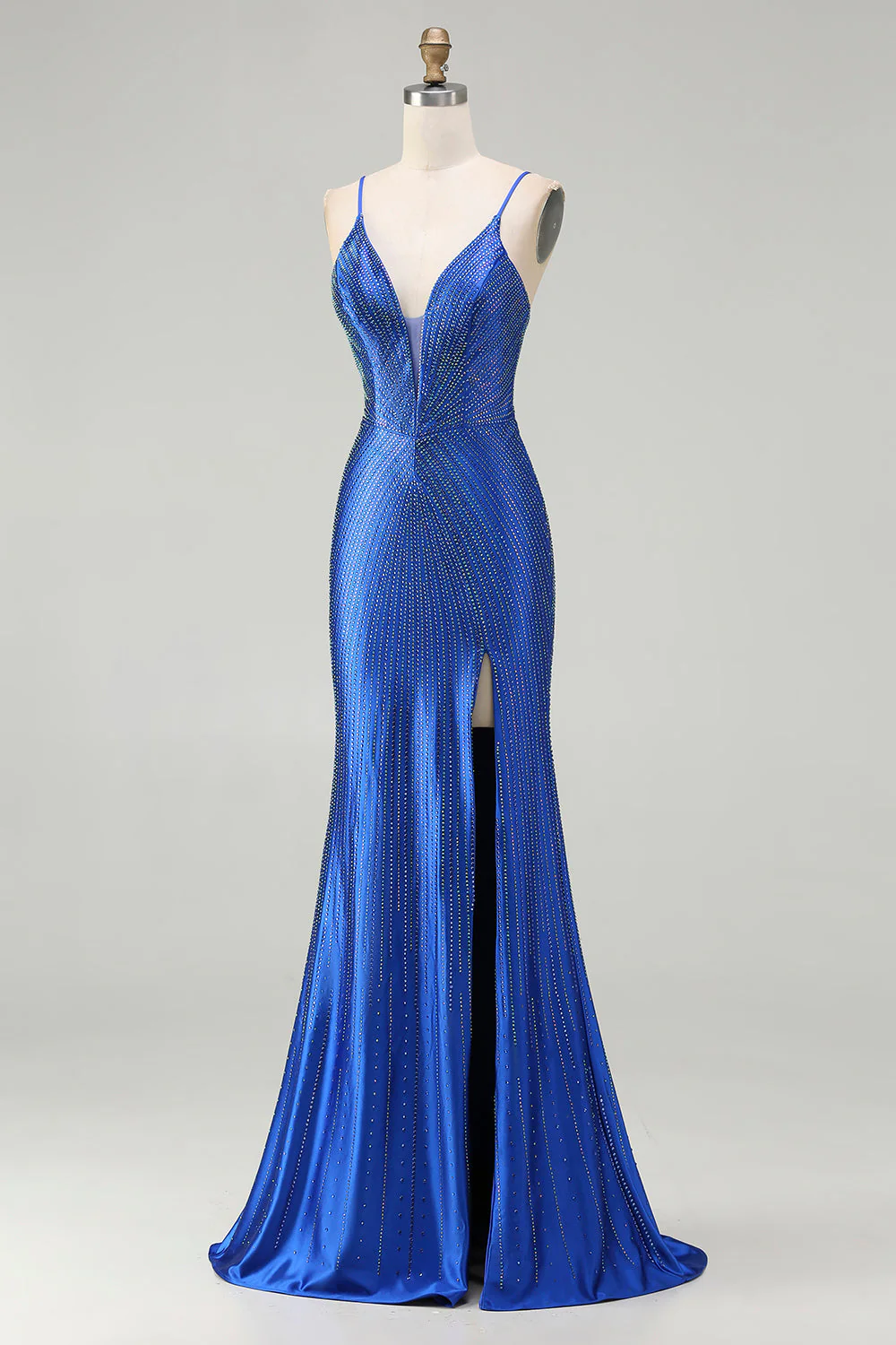 Royal Blue Mermaid Beaded Satin Long Prom Dress with Slit - Image 3