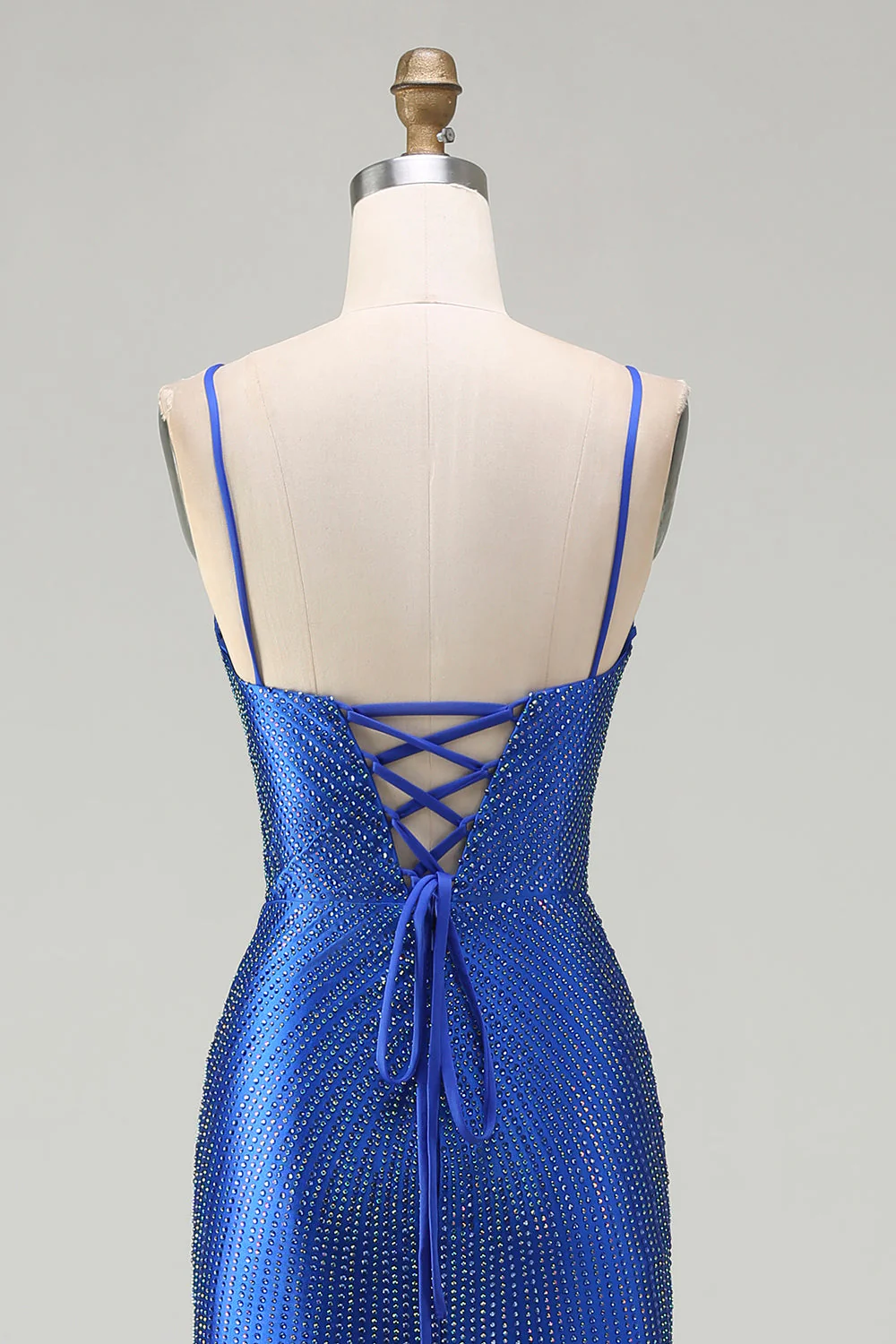 Royal Blue Mermaid Beaded Satin Long Prom Dress with Slit - Image 5