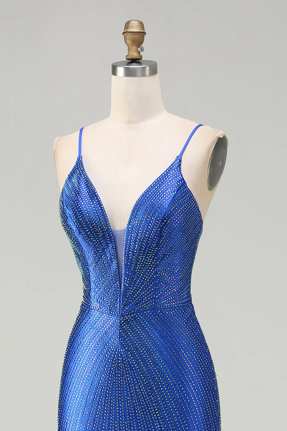 Royal Blue Mermaid Beaded Satin Long Prom Dress with Slit - Image 6