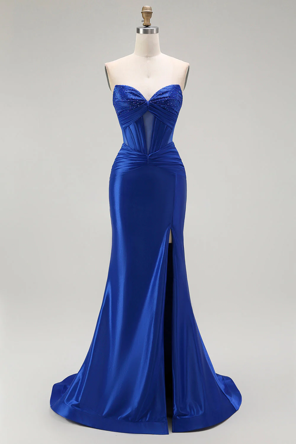 Royal Blue Mermaid Beaded Strapless Corset Long Prom Dress with Slit - Image 8