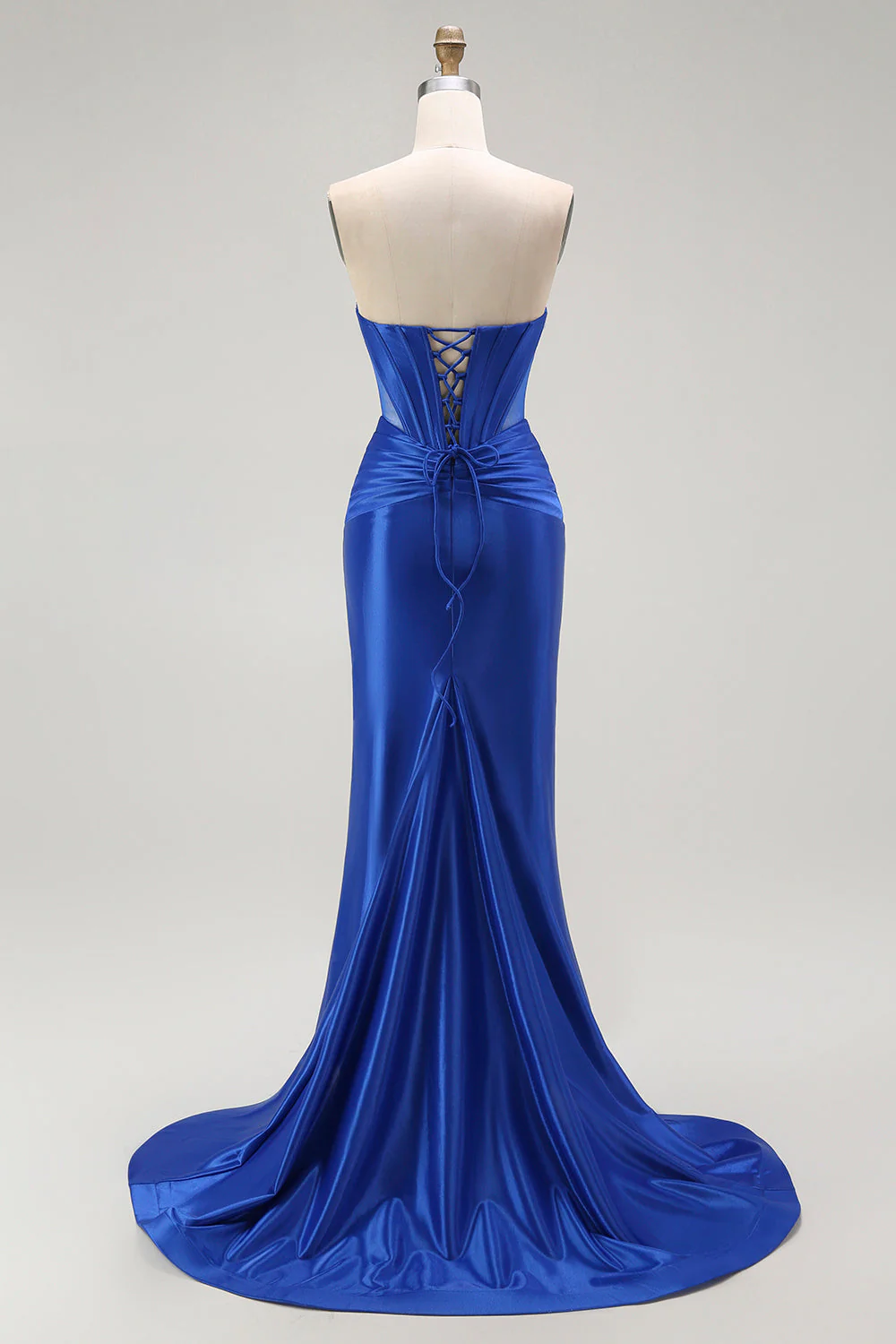 Royal Blue Mermaid Beaded Strapless Corset Long Prom Dress with Slit - Image 9