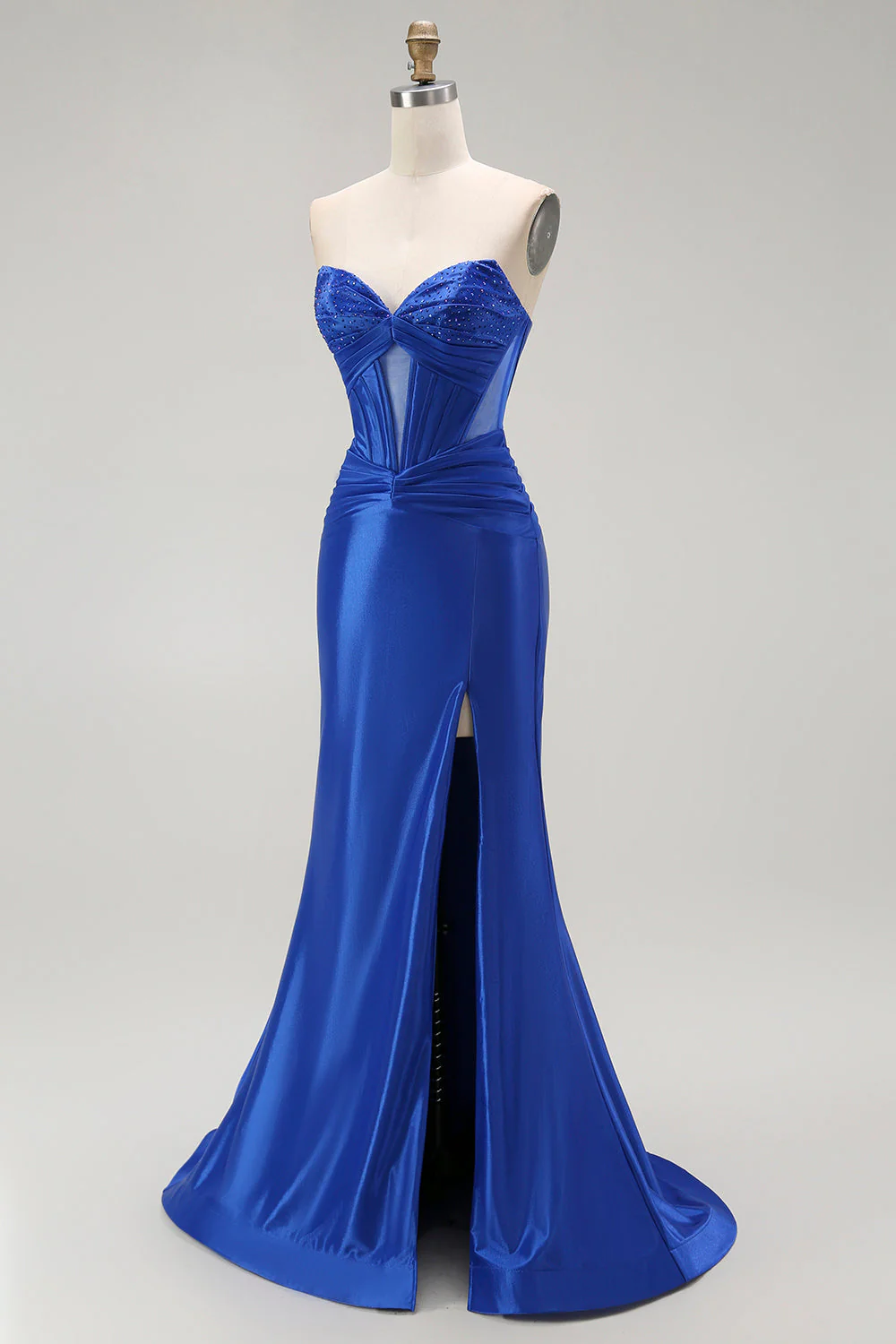 Royal Blue Mermaid Strapless Beaded Corset Long Prom Dress with Slit - Image 3