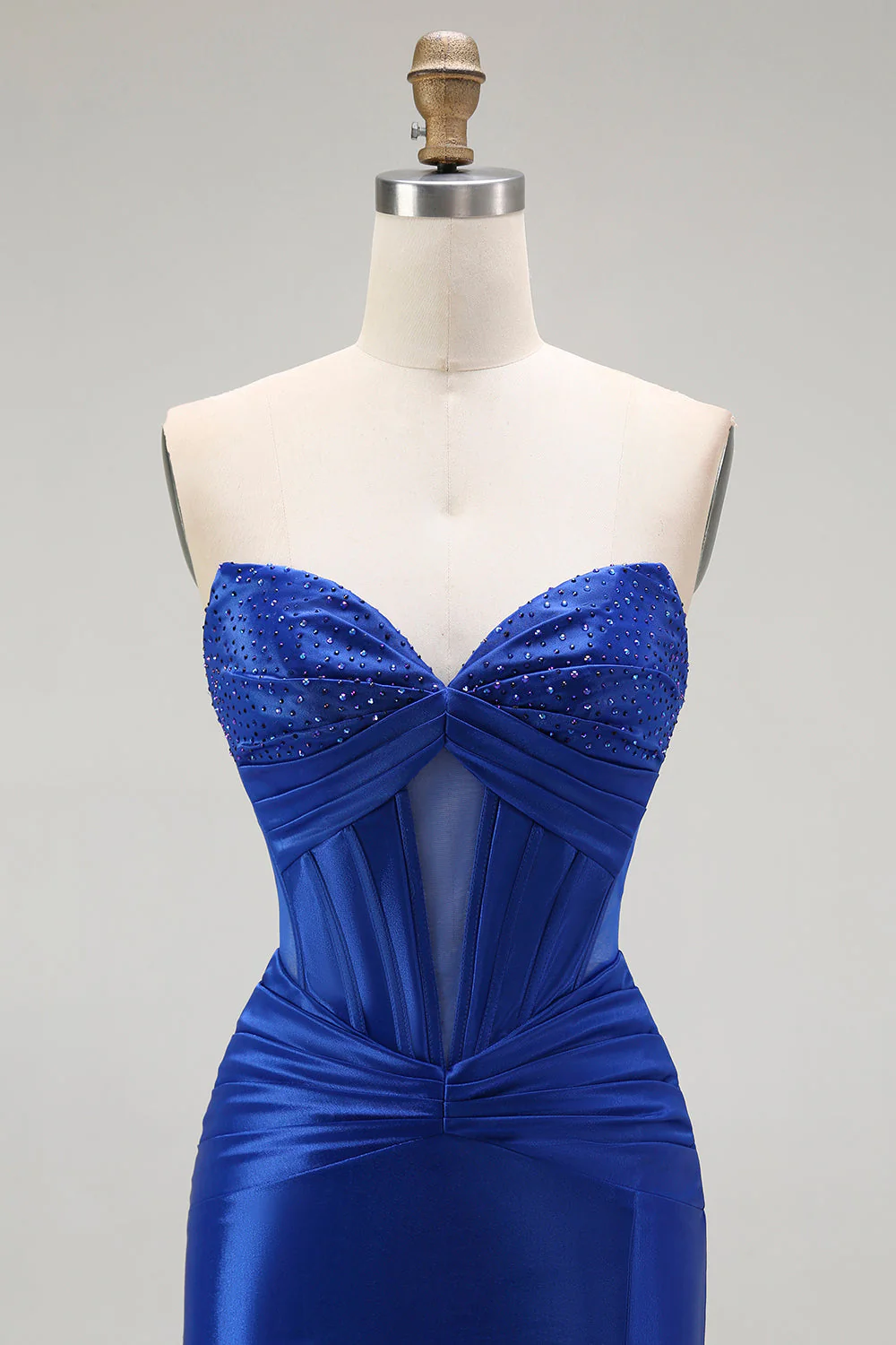 Royal Blue Mermaid Strapless Beaded Corset Long Prom Dress with Slit - Image 4