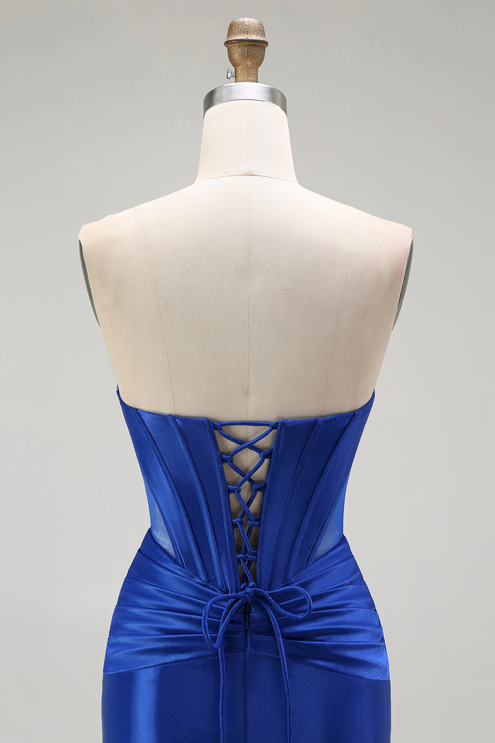 Royal Blue Mermaid Strapless Beaded Corset Long Prom Dress with Slit - Image 5
