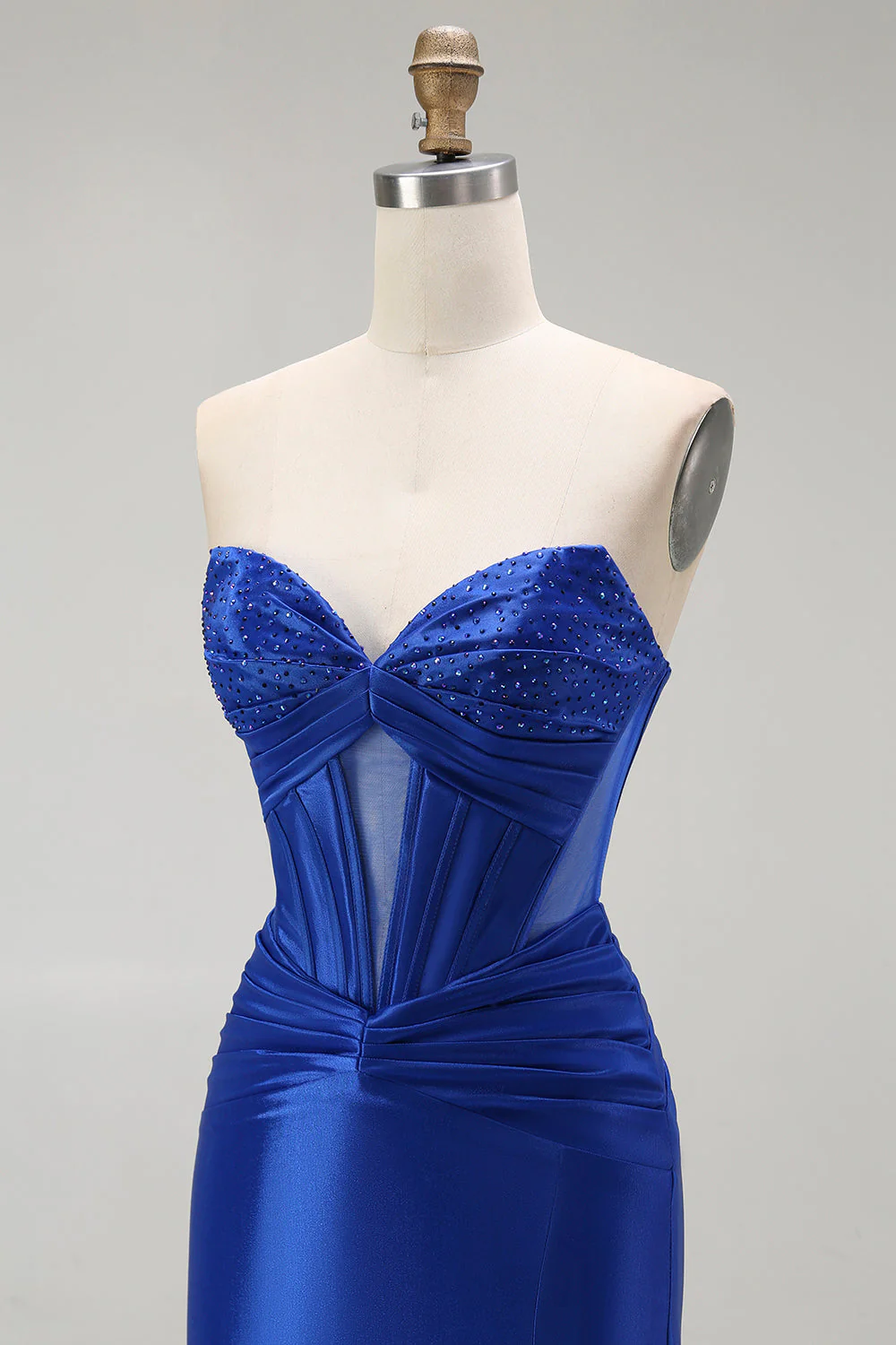Royal Blue Mermaid Strapless Beaded Corset Long Prom Dress with Slit - Image 6