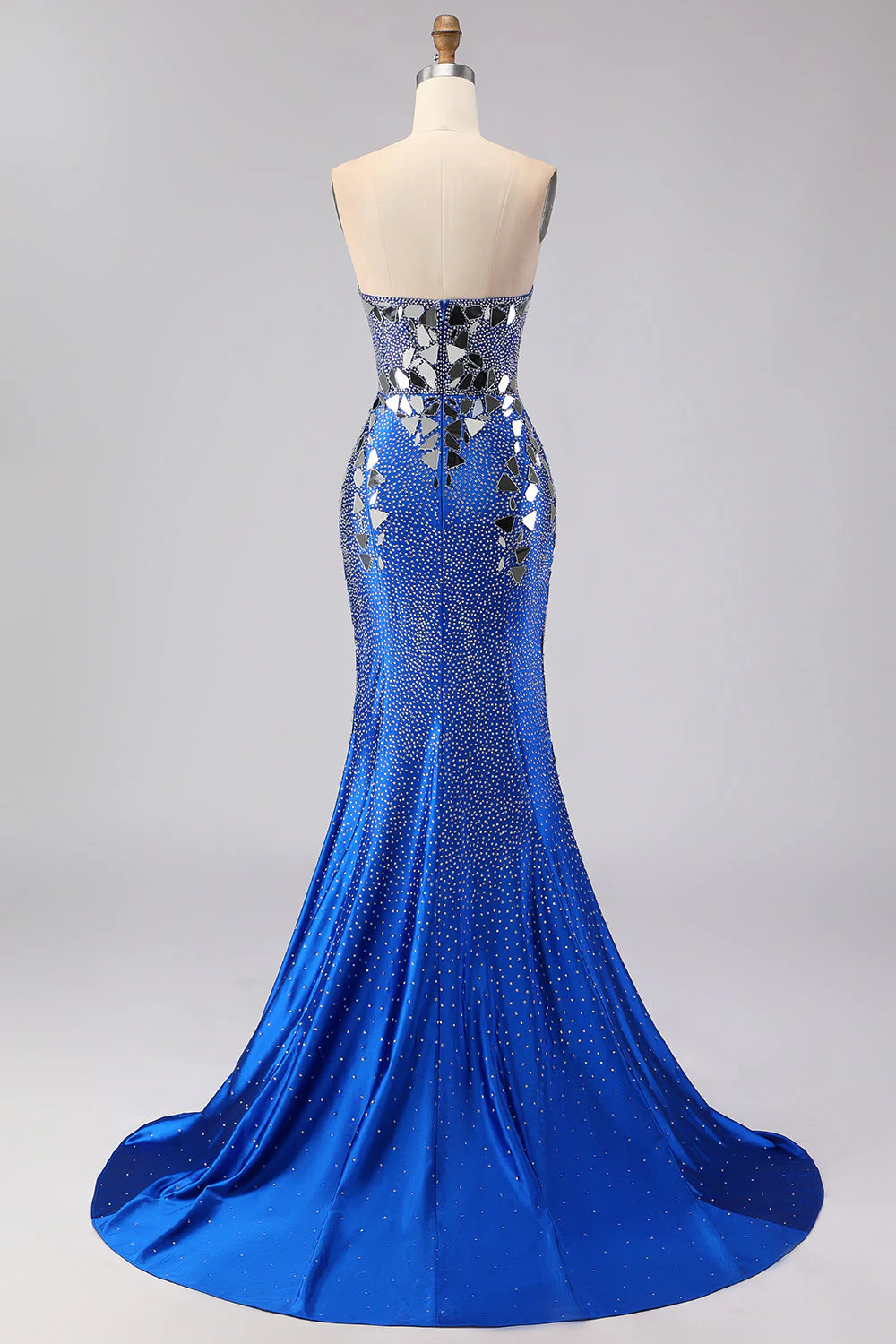 Royal Blue Mermaid Strapless Beaded Side Slit Long Prom Dress with Mirror - Image 2