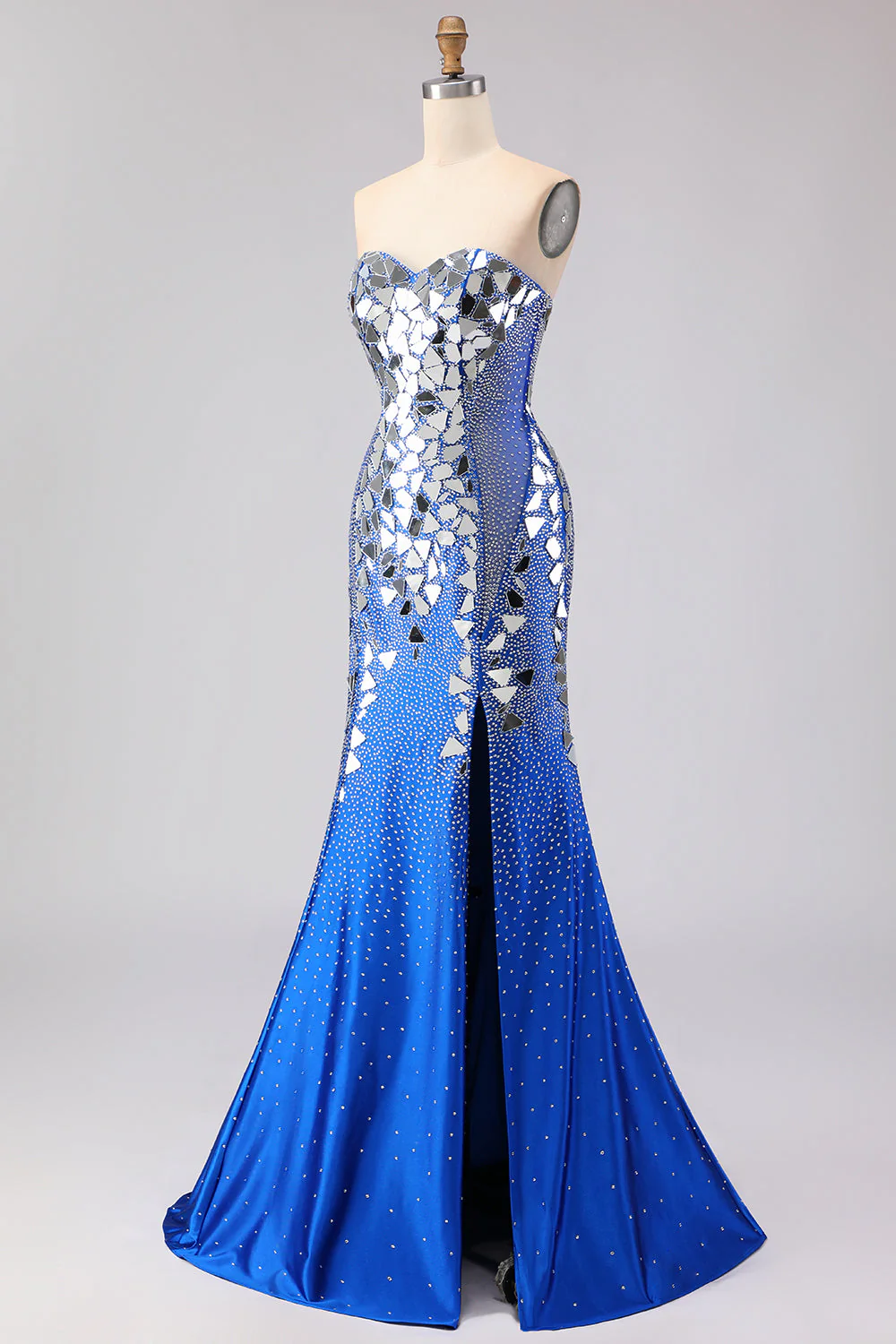 Royal Blue Mermaid Strapless Beaded Side Slit Long Prom Dress with Mirror - Image 3