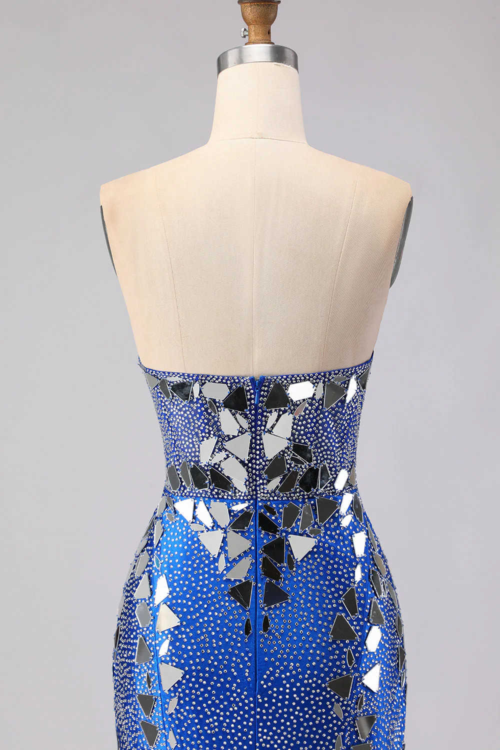Royal Blue Mermaid Strapless Beaded Side Slit Long Prom Dress with Mirror - Image 5