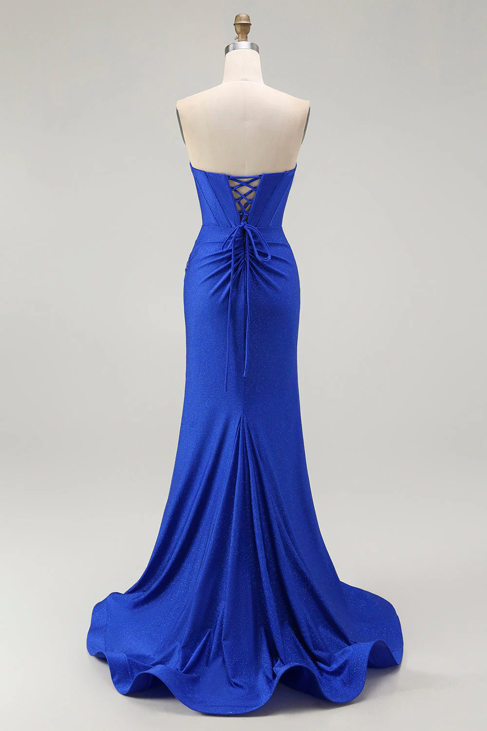 Royal Blue Mermaid Strapless Lace Up Back Beaded Long Prom Dress with Slit - Image 2