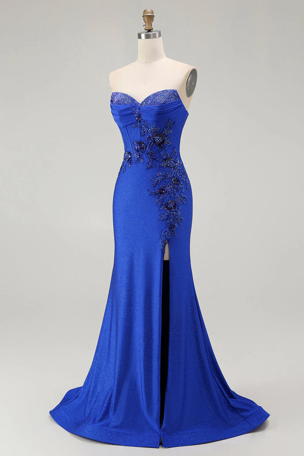 Royal Blue Mermaid Strapless Lace Up Back Beaded Long Prom Dress with Slit - Image 3
