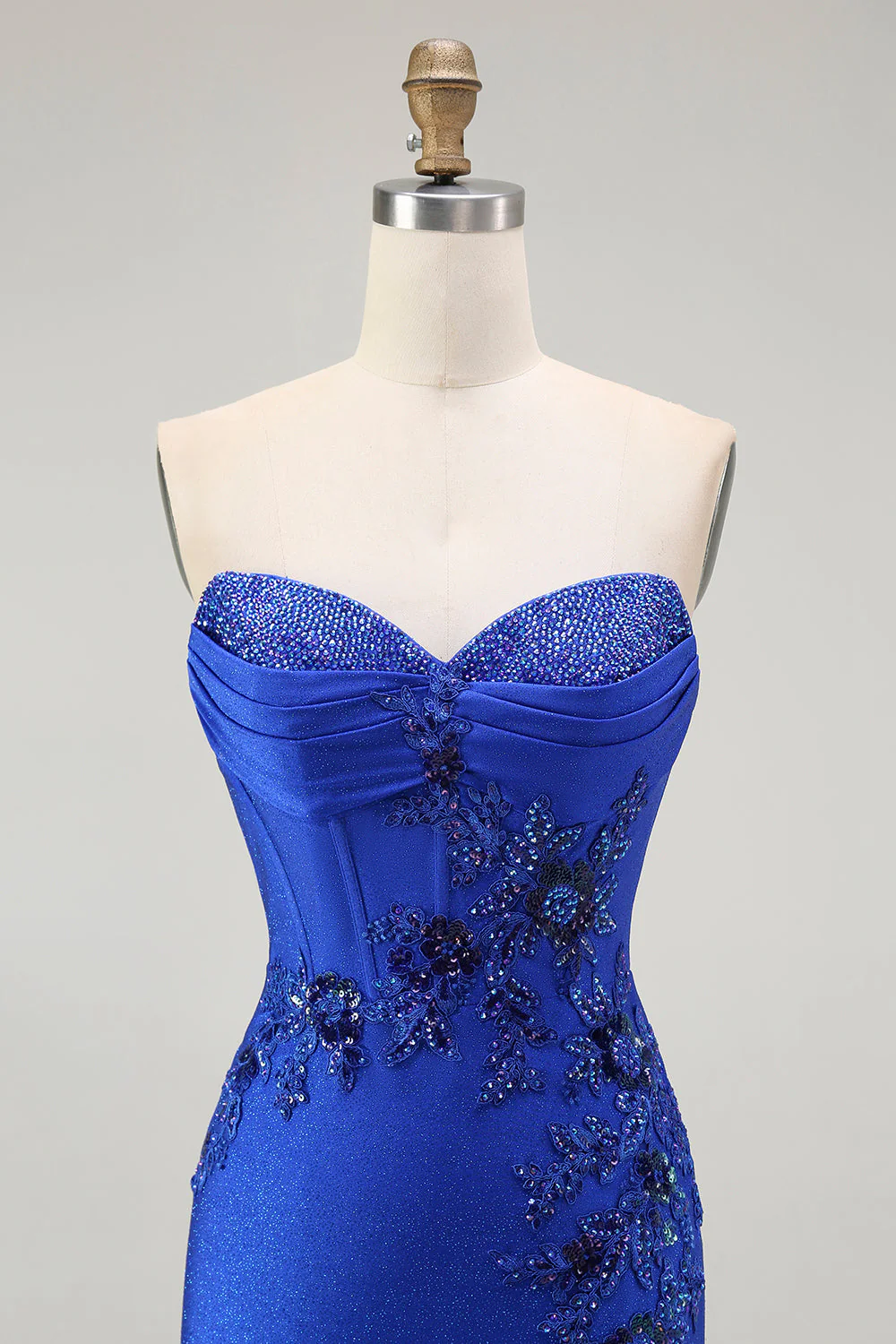 Royal Blue Mermaid Strapless Lace Up Back Beaded Long Prom Dress with Slit - Image 4