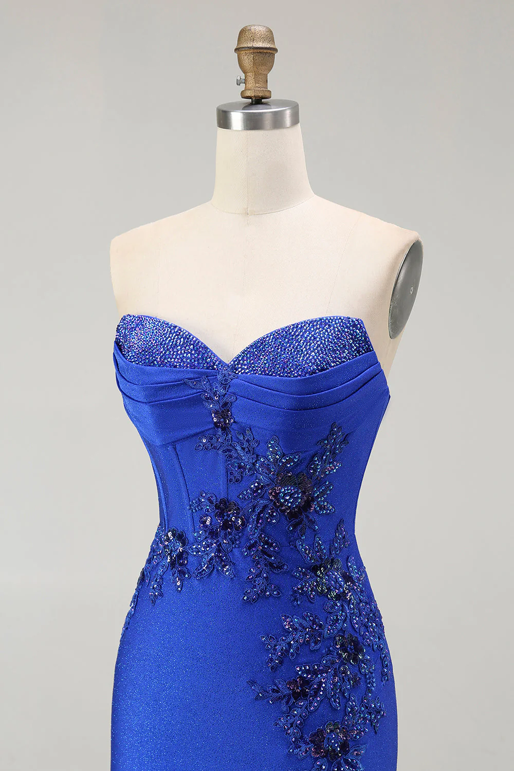 Royal Blue Mermaid Strapless Lace Up Back Beaded Long Prom Dress with Slit - Image 6