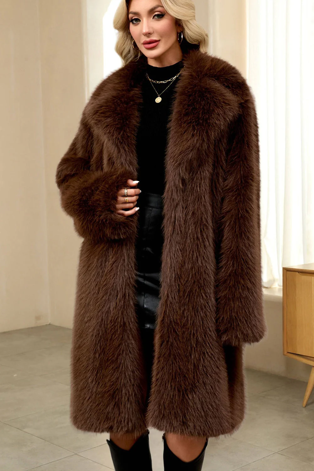 Royal Blue Notched lapel Solid Faux Fur Women Coat - Image 6