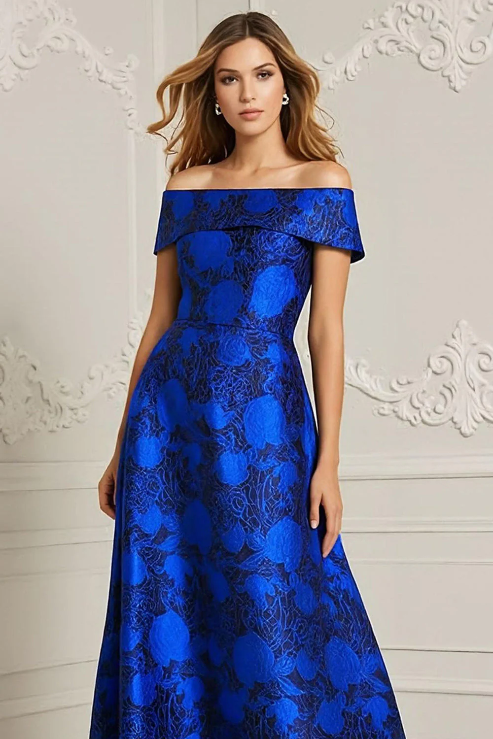 Royal Blue Off the Shoulder Printed A Line Mother of the Bride Dress - Image 2